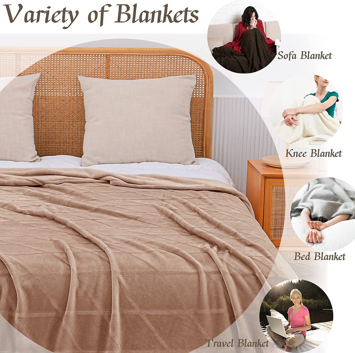 Exclusivo Mezcla King Size Flannel Fleece Blanket, 90x104 Inches Soft Diamond Geometry Pattern Velvet Plush Blanket for Bed, Cozy, Warm, Lightweight and Decorative Camel Blanket