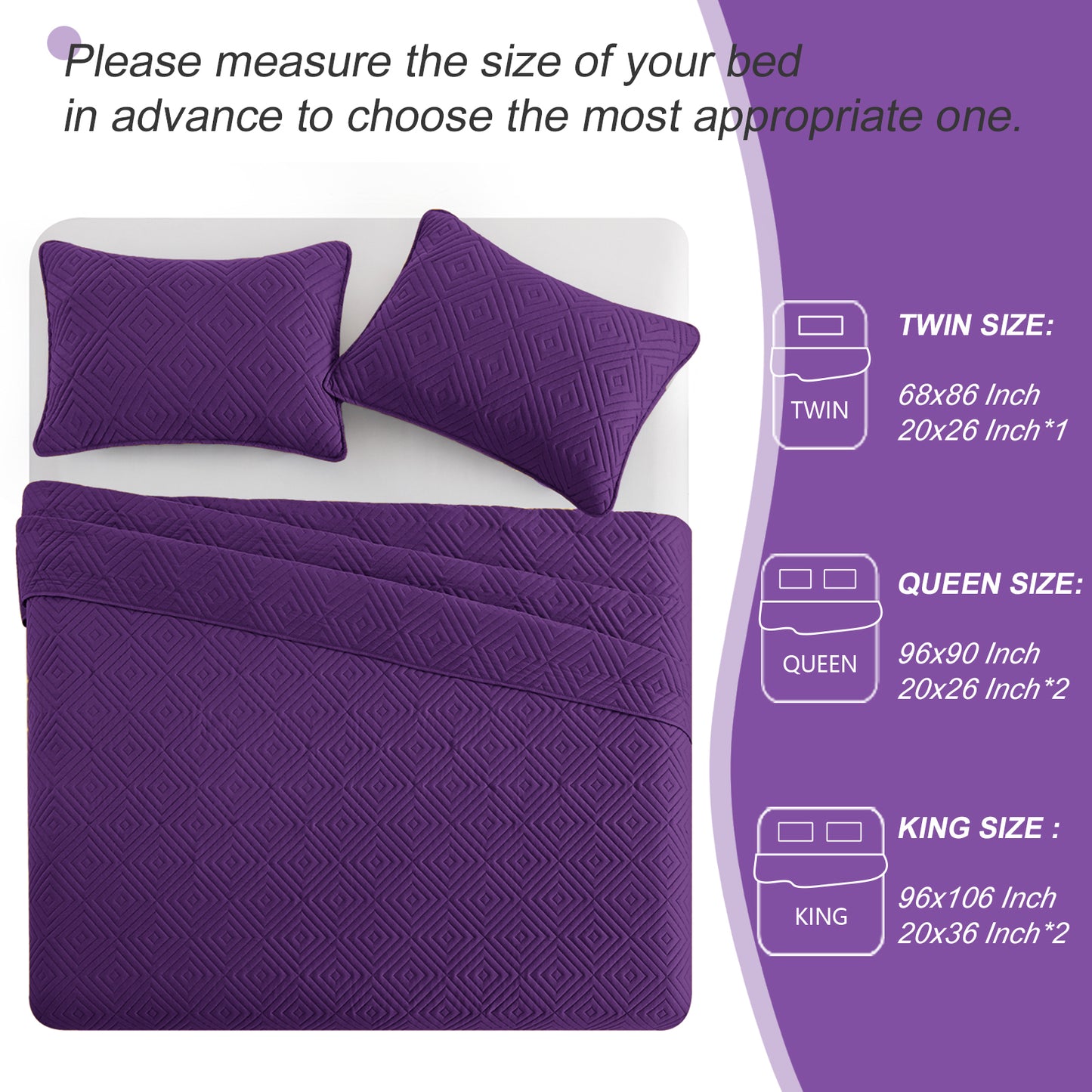 Exclusivo Mezcla 3-Piece Deep Purple Queen Size Quilt Set, Square Pattern Ultrasonic Lightweight and Soft Quilts/Bedspreads/Coverlets/Bedding Set (1 Quilt, 2 Pillow Shams) for All Seasons