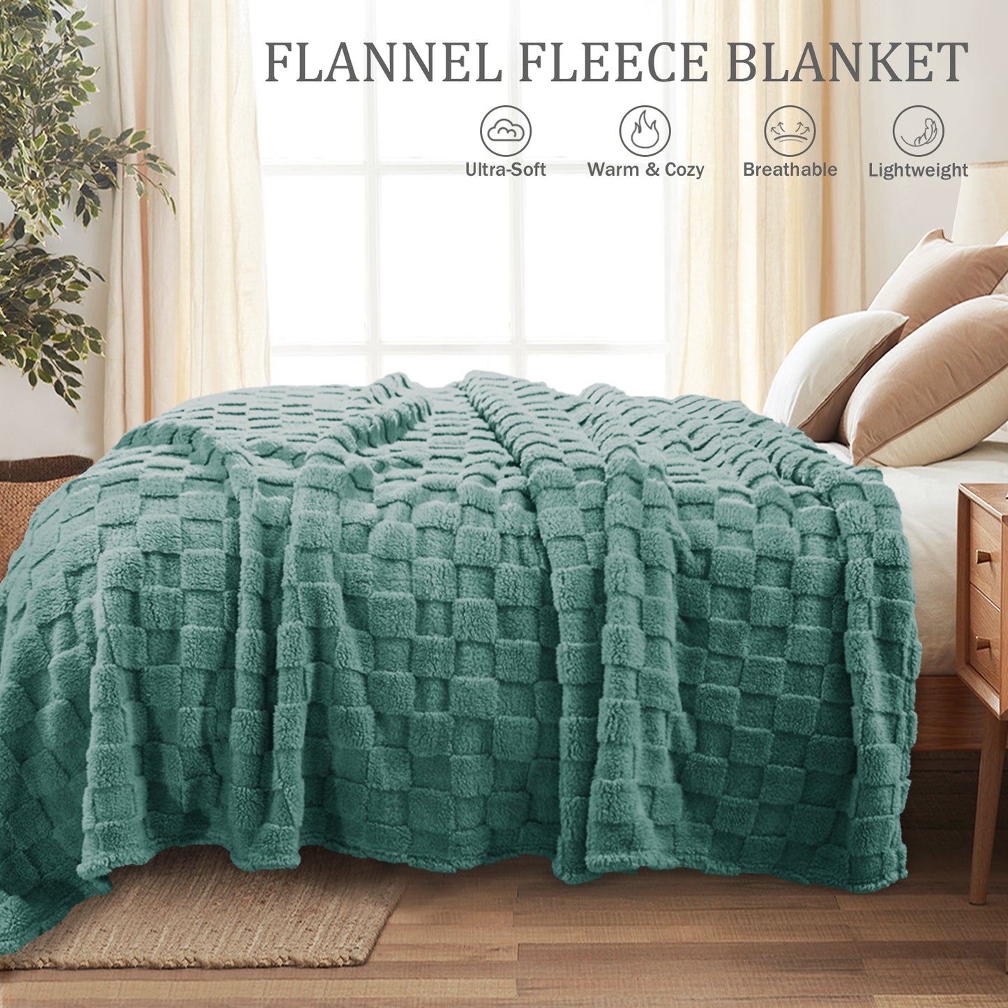 Exclusivo Mezcla Queen Size Flannel Fleece Blanket, Super Soft 3D Checkered Jacquard Bed Blanket, Cozy Fluffy Lightweight Blanket for All Seasons, 90x90 Inches, Celadon Blanket