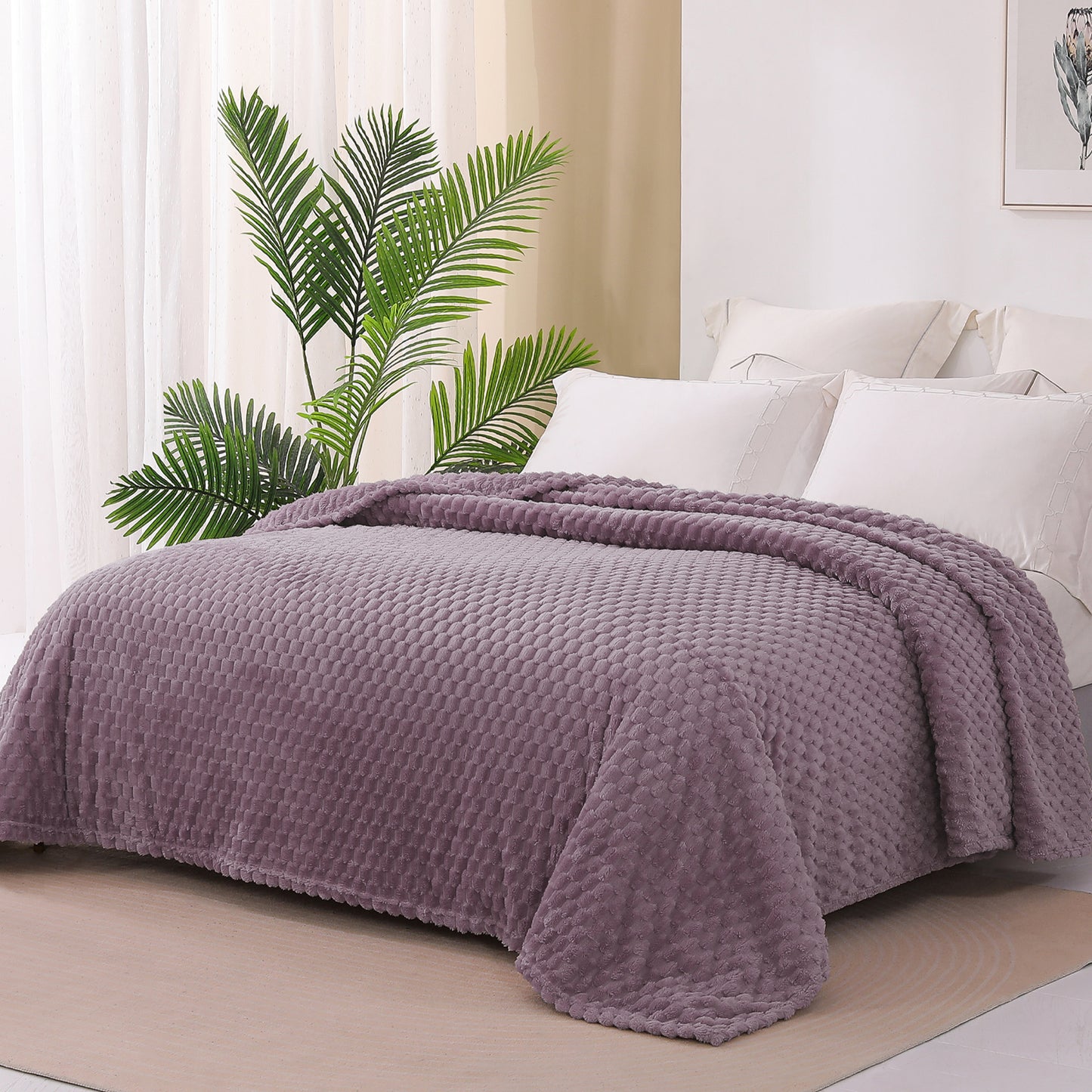 Exclusivo Mezcla Twin Size Soft Fleece Blanket, 90x66 Inches 3D Clouds Stylish Jacquard Velvet Blanket for Bed, Cozy Soft Lightweight for All Season, Grayish Purple Blanket