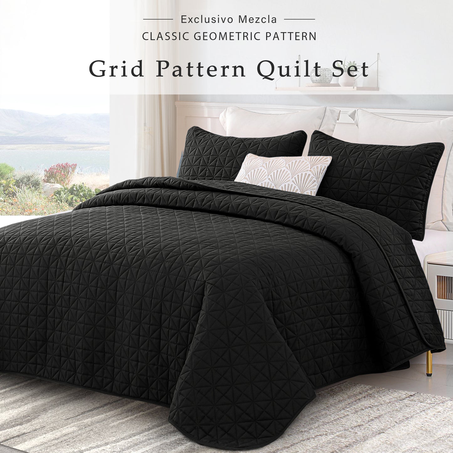 Exclusivo Mezcla King Size Quilt Bedding Set for All Seasons, Lightweight Soft Black Quilts King Size Bedspreads Coverlets Bed Cover with Geometric Stitched Pattern, (1 Quilt, 2 Pillow Shams)