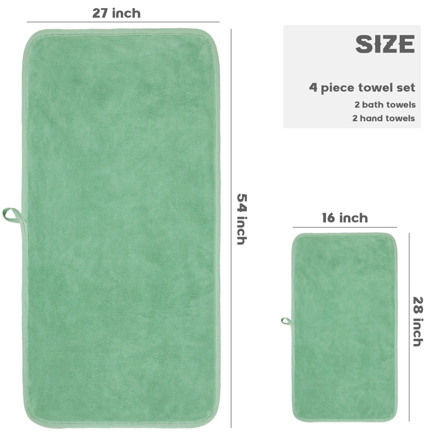 Exclusivo Mezcla 4-Piece Ultra Soft Bath Towel Set, Large Highly Absorbent Microfiber Coral Velvet Towel, Quick Drying for Body, Bathroom, Gym, Spa, 2 Bath Towels, 2 Hand Towels, Green