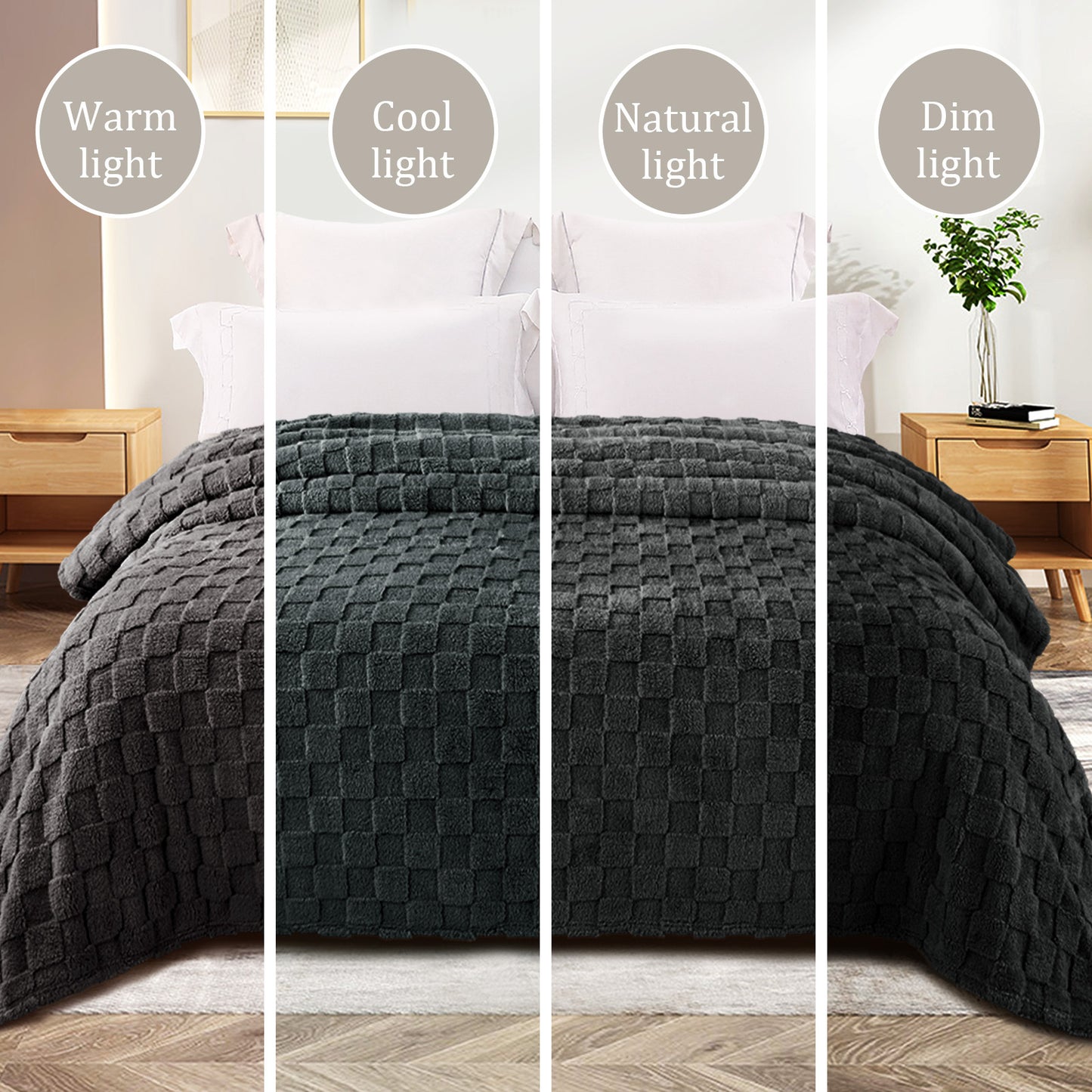 Exclusivo Mezcla Fleece Throw Blanket for Couch, Super Soft 3D Checkered Jacquard Bed Blanket, Cozy Fluffy Lightweight Blanket for All Seasons, 50x60 Inches, Dark Grey Blanket