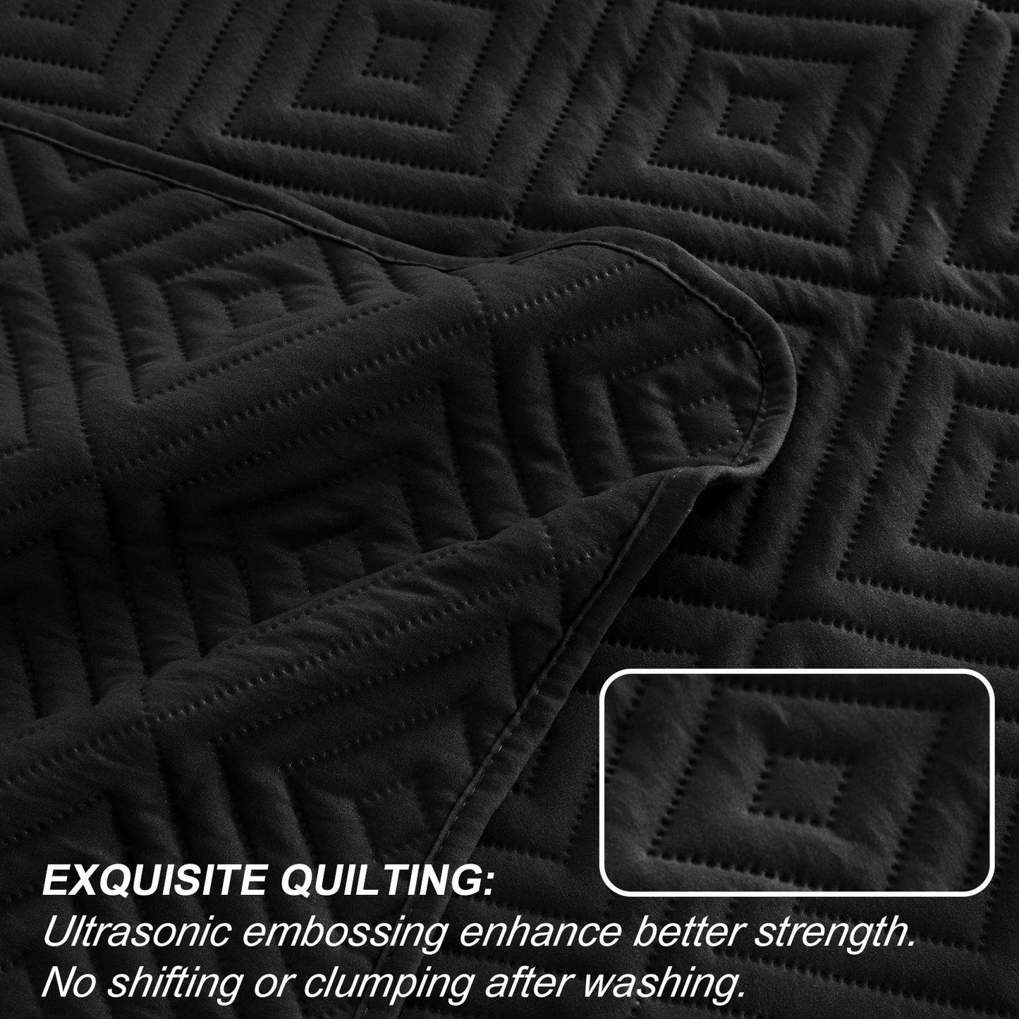 Exclusivo Mezcla 3-Piece Black Queen Size Quilt Set, Square Pattern Ultrasonic Lightweight and Soft Quilts/Bedspreads/Coverlets/Bedding Set (1 Quilt, 2 Pillow Shams) for All Seasons