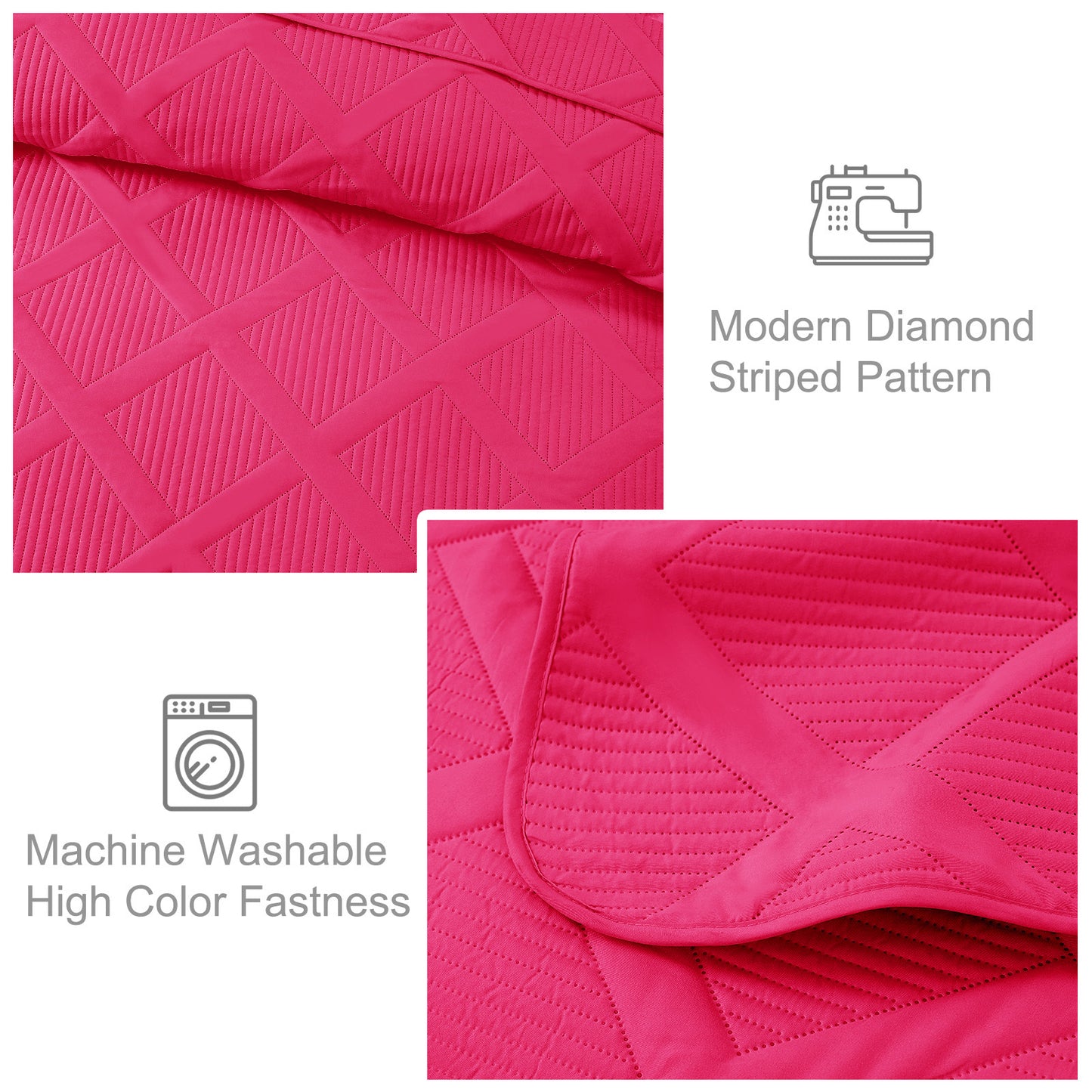 Exclusivo Mezcla Ultrasonic King Quilt Set, Lightweight Bedspreads Modern Striped Coverlet with 2 Pillow Shams, Hot Pink