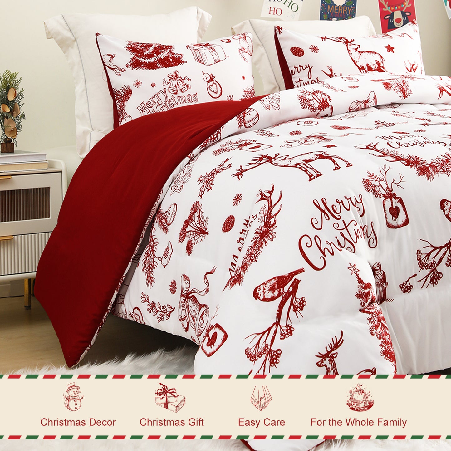 Exclusivo Mezcla Christmas Comforter Set King Size, Reversible White and Rust Red Down Alternative Comforter Sets, Printed with Christmas Reindeer Wreaths Pattern, for Holiday Decoration and Gifts