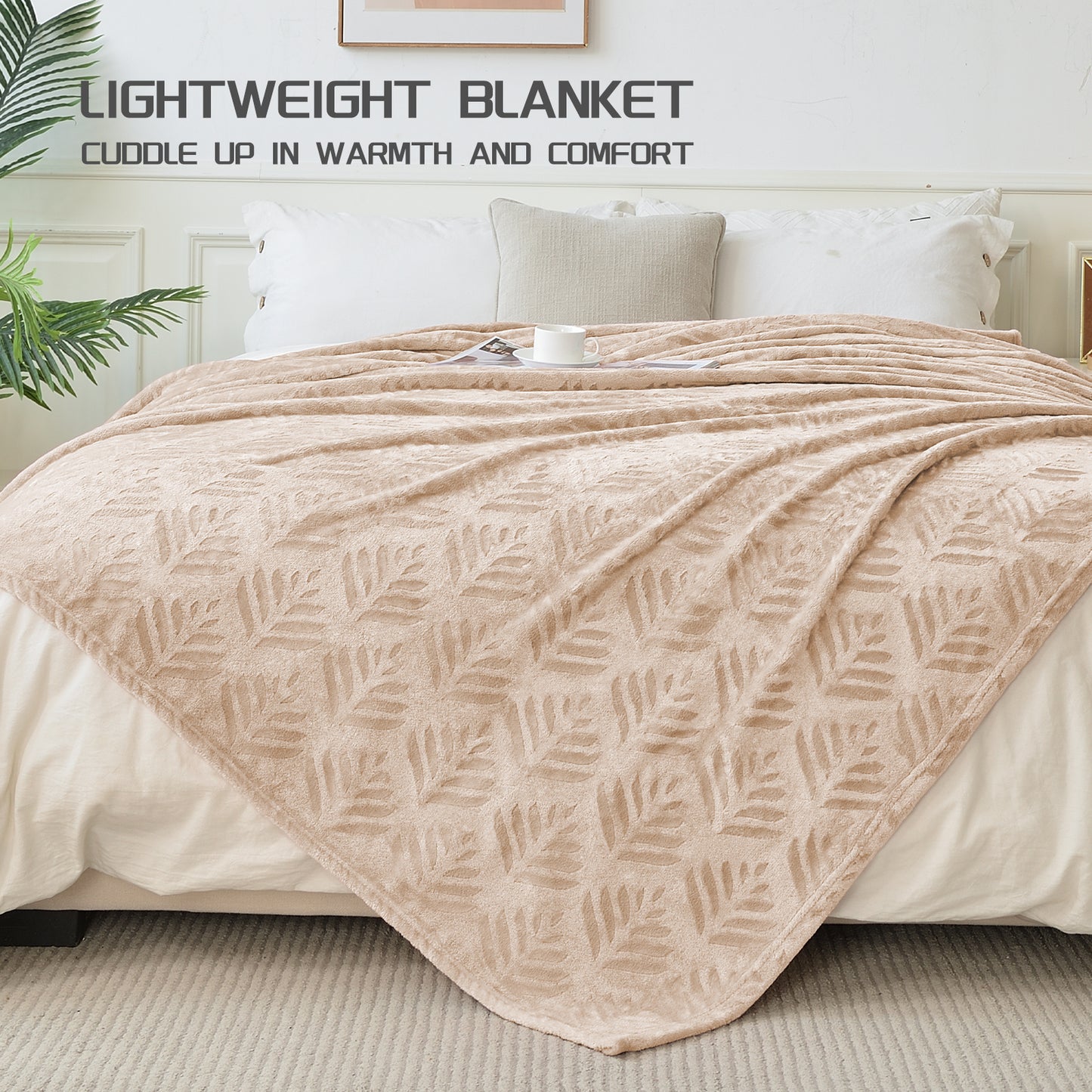 Exclusivo Mezcla Twin size Blanket for Bed, Super Soft and Warm Camel Blankets for All Seasons, Flannel Fleece Leaves Pattern Bed Blanket, Plush Fuzzy and Thick, 60x80 Inch