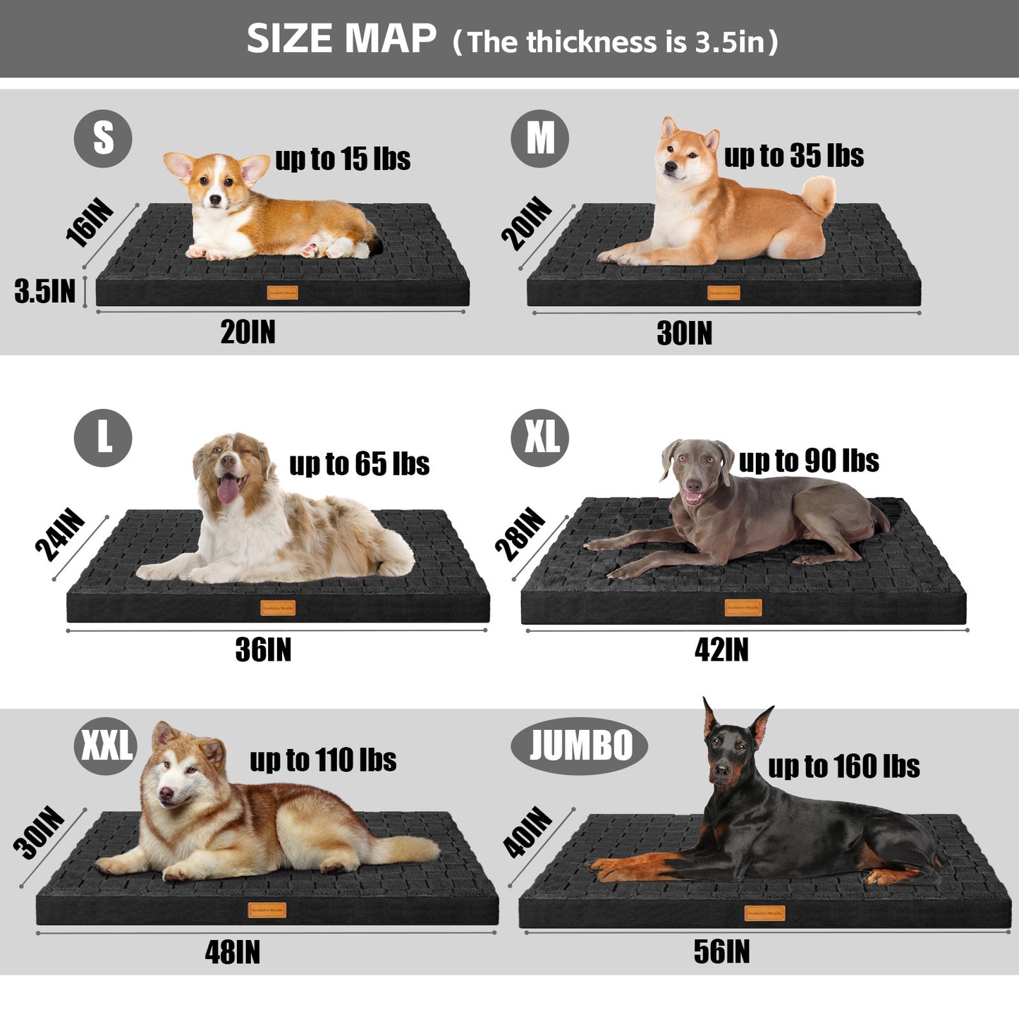Exclusivo Mezcla Checkered Orthopedic XXL Dog Bed for Extra Large Dogs 48''X30'', Waterproof Removable Washable Cover,Egg Crate Foam Pet Bed Mat, Black