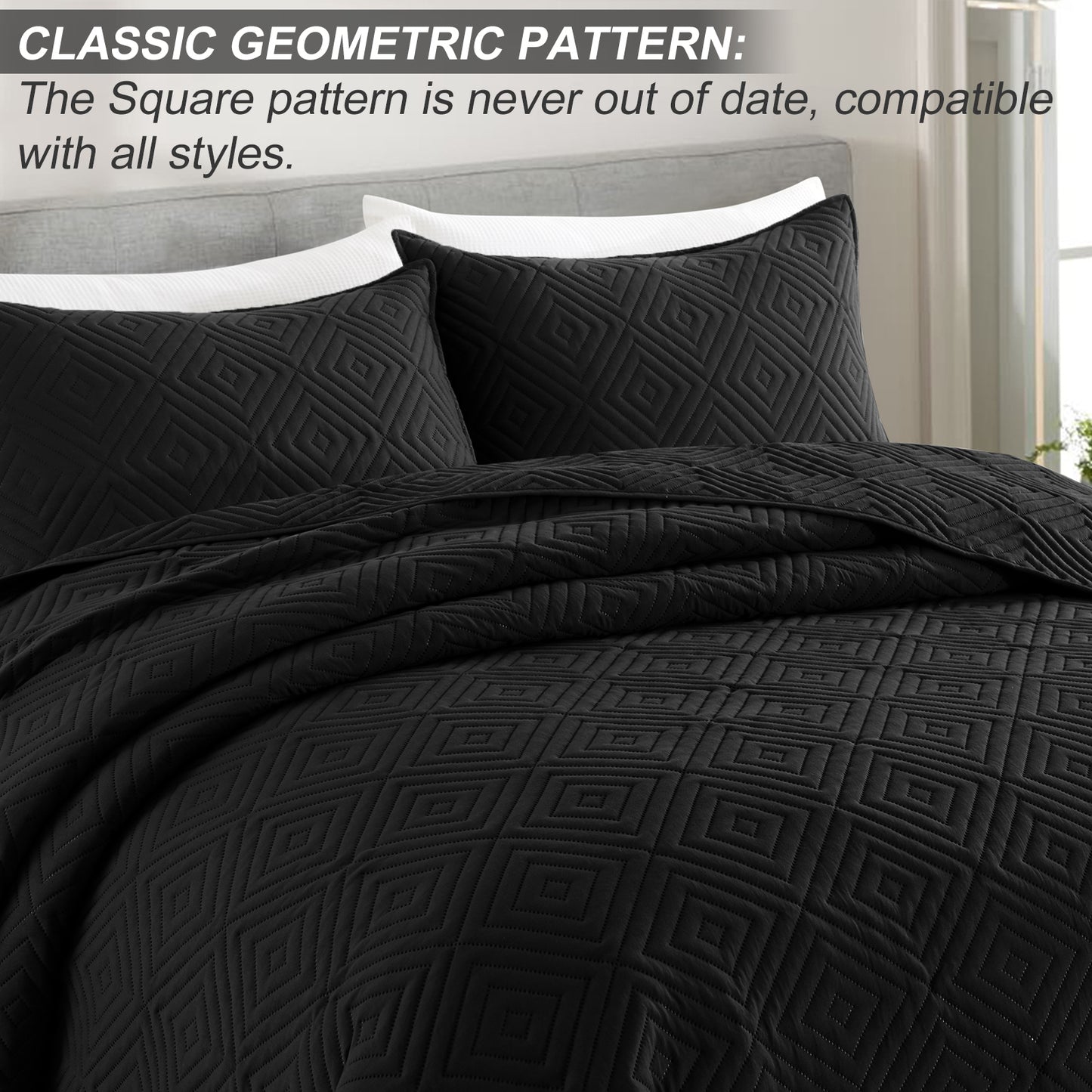 Exclusivo Mezcla 3-Piece Black Queen Size Quilt Set, Square Pattern Ultrasonic Lightweight and Soft Quilts/Bedspreads/Coverlets/Bedding Set (1 Quilt, 2 Pillow Shams) for All Seasons