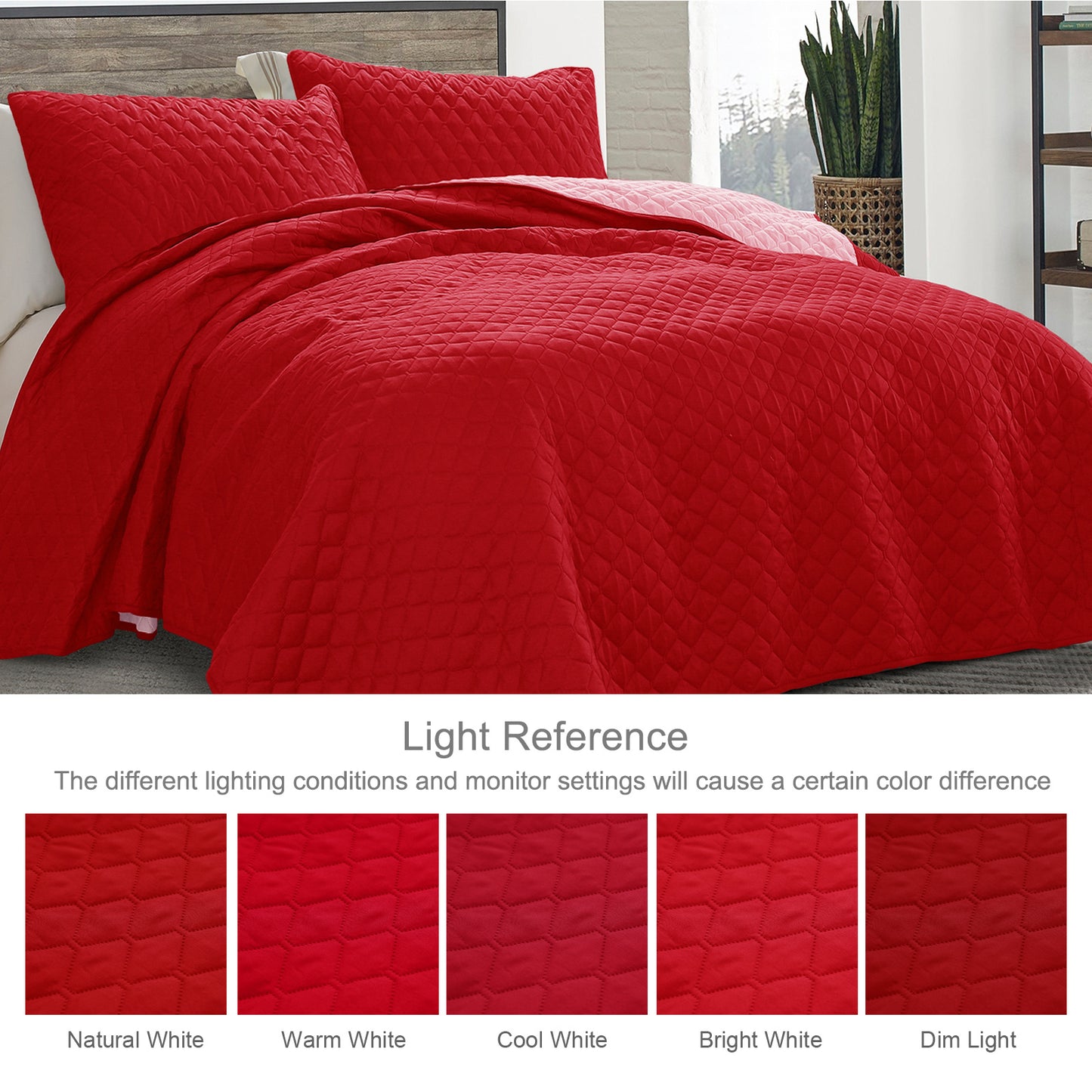 Exclusivo Mezcla Ultrasonic Reversible King Size Quilt Bedding Set with Pillow Shams, Lightweight Quilts King Size, Soft Bedspreads Bed Coverlets for All Seasons - (Red, 104"x96")