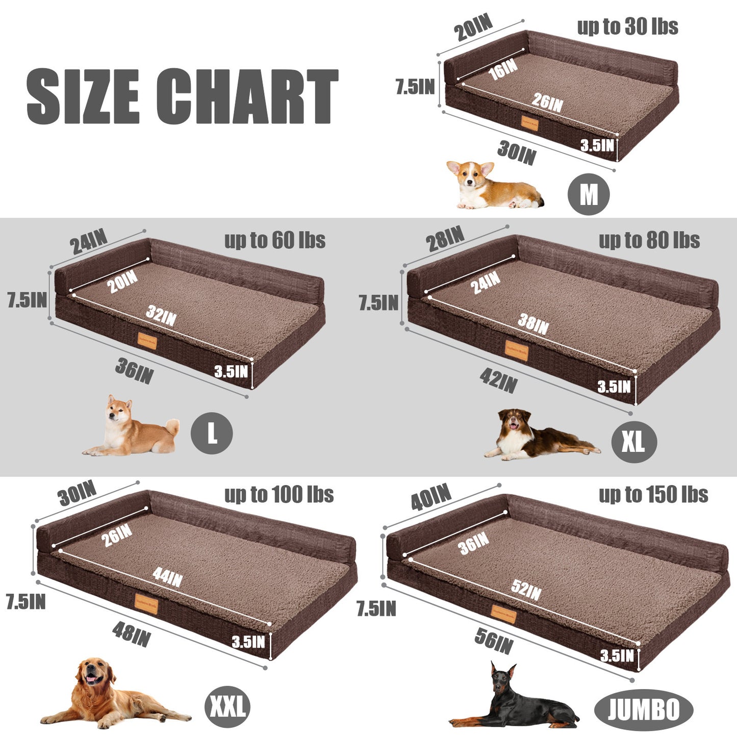 Exclusivo Mezcla Orthopedic XL Dog Bed for Large Dogs 42''X28'', L Shaped with Removable Washable Cover, Waterproof Supportive Foam Pet Couch Bed Mat, Brown