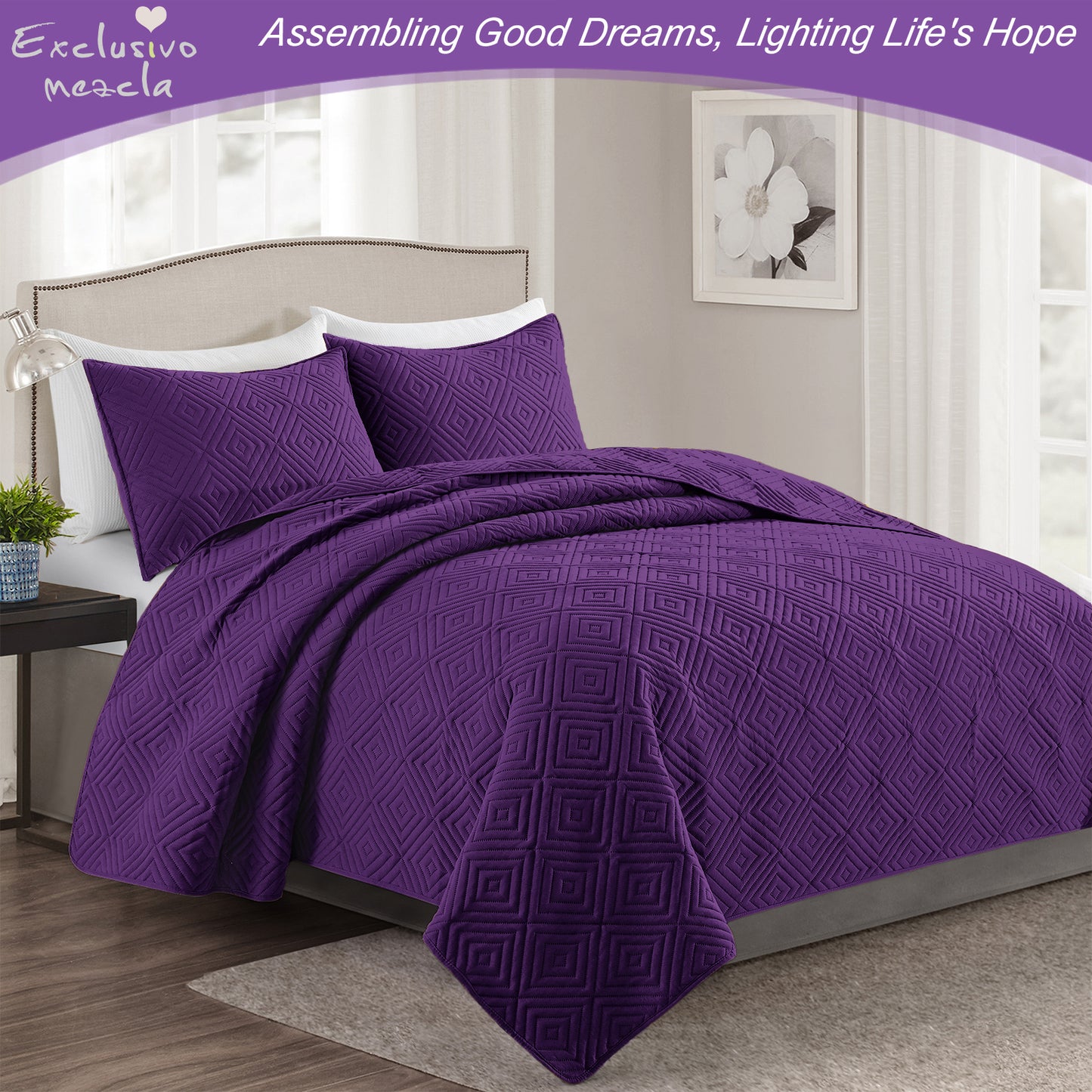Exclusivo Mezcla 3-Piece Deep Purple Queen Size Quilt Set, Square Pattern Ultrasonic Lightweight and Soft Quilts/Bedspreads/Coverlets/Bedding Set (1 Quilt, 2 Pillow Shams) for All Seasons