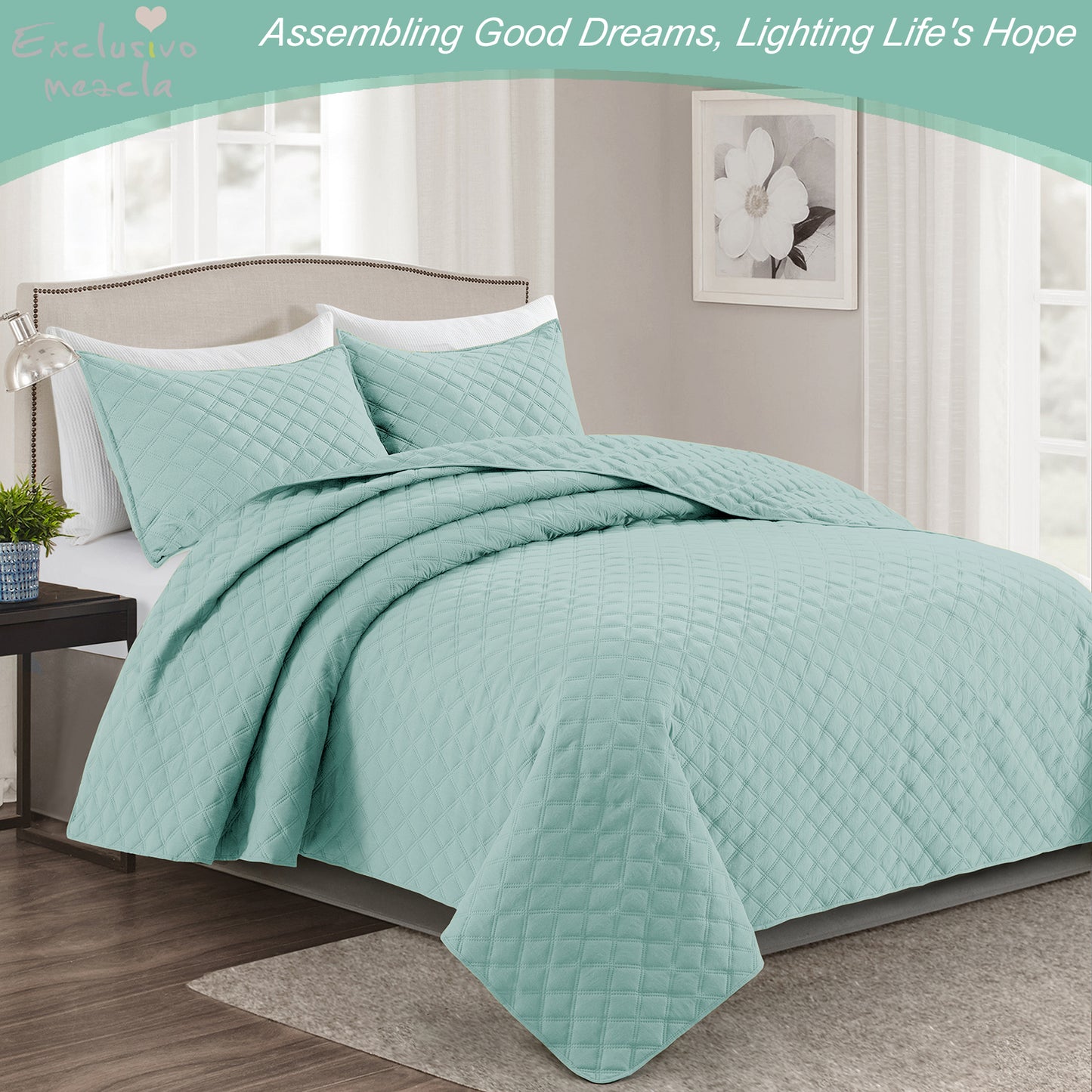 Exclusivo Mezcla 2-Piece Aqua Twin Size Quilt Set, Box Pattern Ultrasonic Lightweight and Soft Quilts/Bedspreads/Coverlets/Bedding Set (1 Quilt, 1 Pillow Sham) for All Seasons