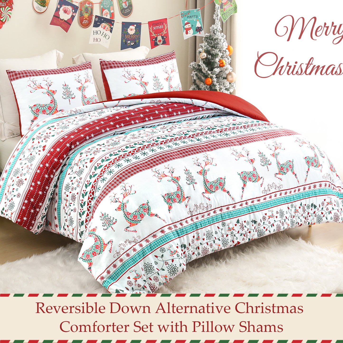Exclusivo Mezcla Christmas Queen Size Comforter Set, 3 Pieces Reversible Rust Red Striped Bedding Comforters, Printed Flowers Reindeer Pattern