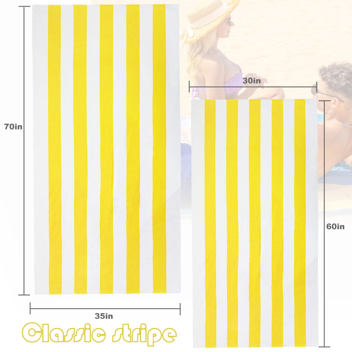 Exclusivo Mezcla 4-Pack 100% Cotton Oversized 35"x70" Cabana Stripe Beach Towels, Super Absorbent Soft Plush Pool Towel, Bath Towel (Yellow)