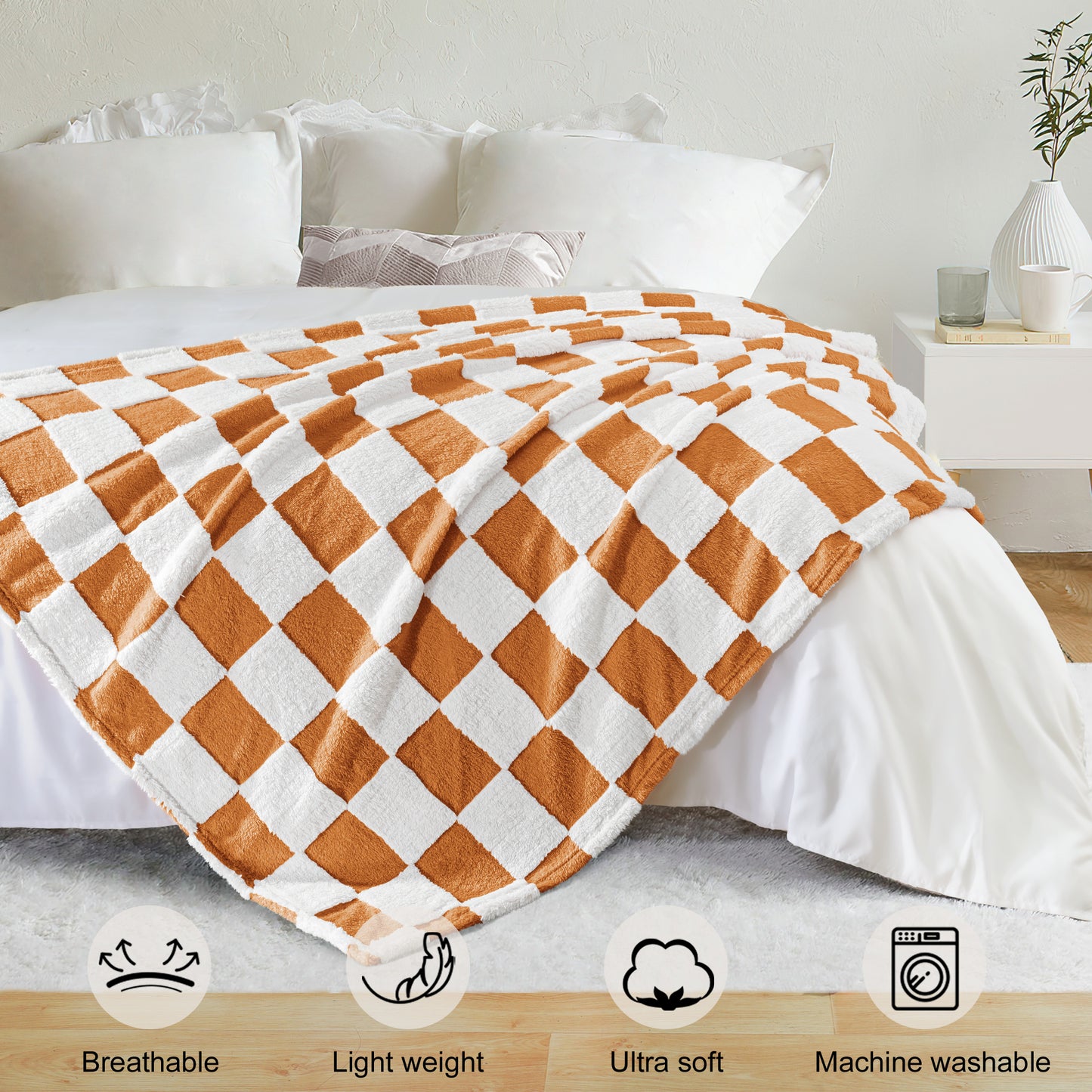 Exclusivo Mezcla Fleece Blanket Twin Size, Cozy Lightweight and Fuzzy Checkered Blankets for Couch or Bed, Suitable for All Season, Coral Orange, 60" x 80"