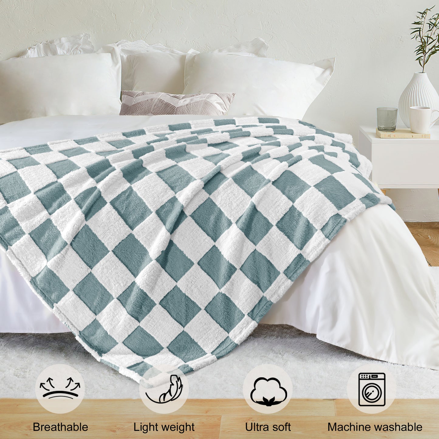 Exclusivo Mezcla Checkered Throw Blanket, Super Soft and Warm Fluffy Fleece Blanket for Couch, Sofa, Bed, Cute Plaid Pattern, Slate Blue, 50" x 60"