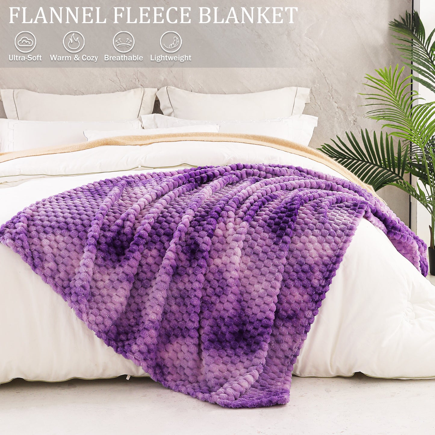 Exclusivo Mezcla Twin Size Flannel Fleece Blanket, 60x80 Inches Stylish Jacquard Velvet Plush Blanket for Bed, Cozy, Warm, Lightweight and Decorative Purple Blanket