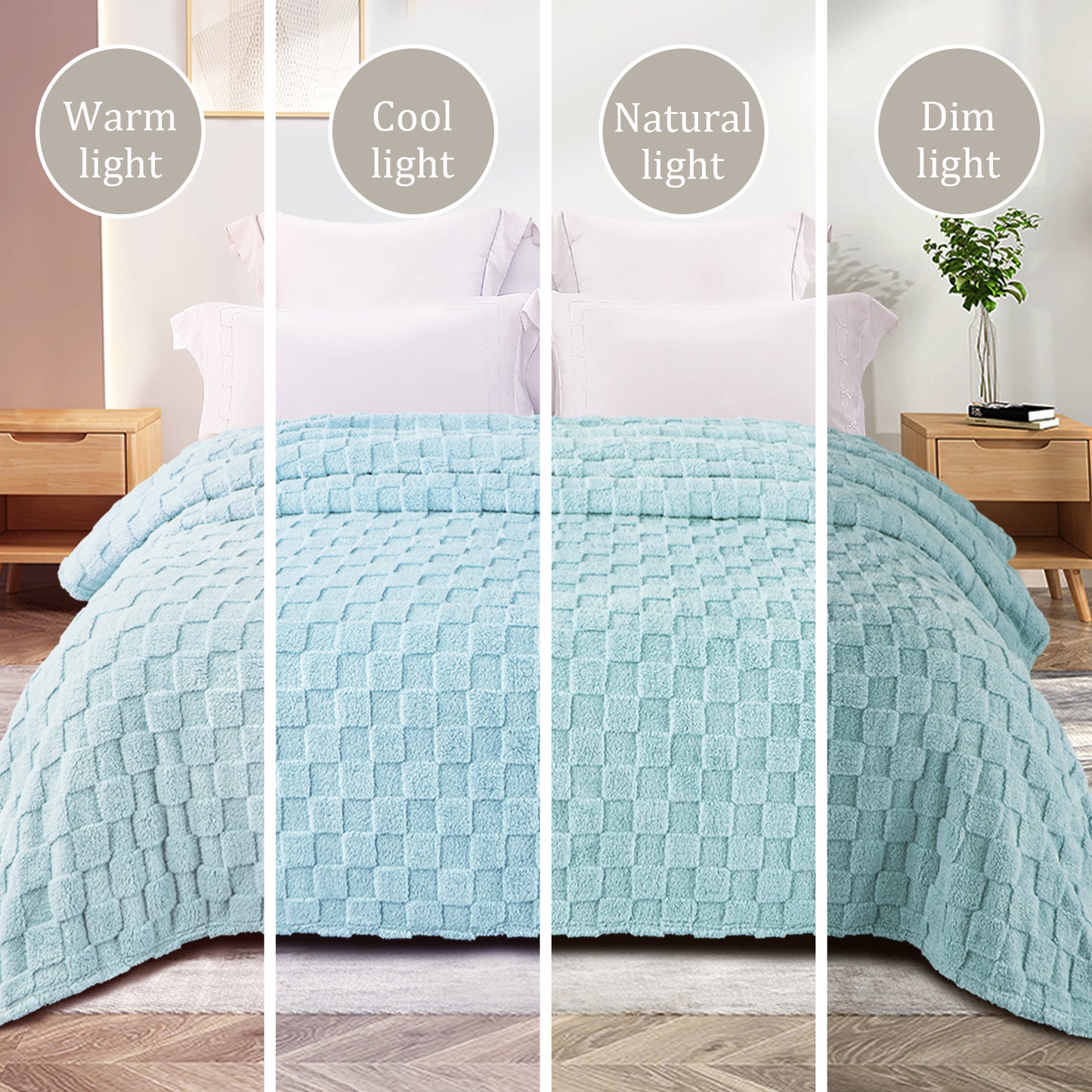 Exclusivo Mezcla Fleece Throw Blanket for Couch, Super Soft 3D Checkered Jacquard Bed Blanket, Cozy Fluffy Lightweight Blanket for All Seasons, 50x60 Inches, Light Blue Blanket