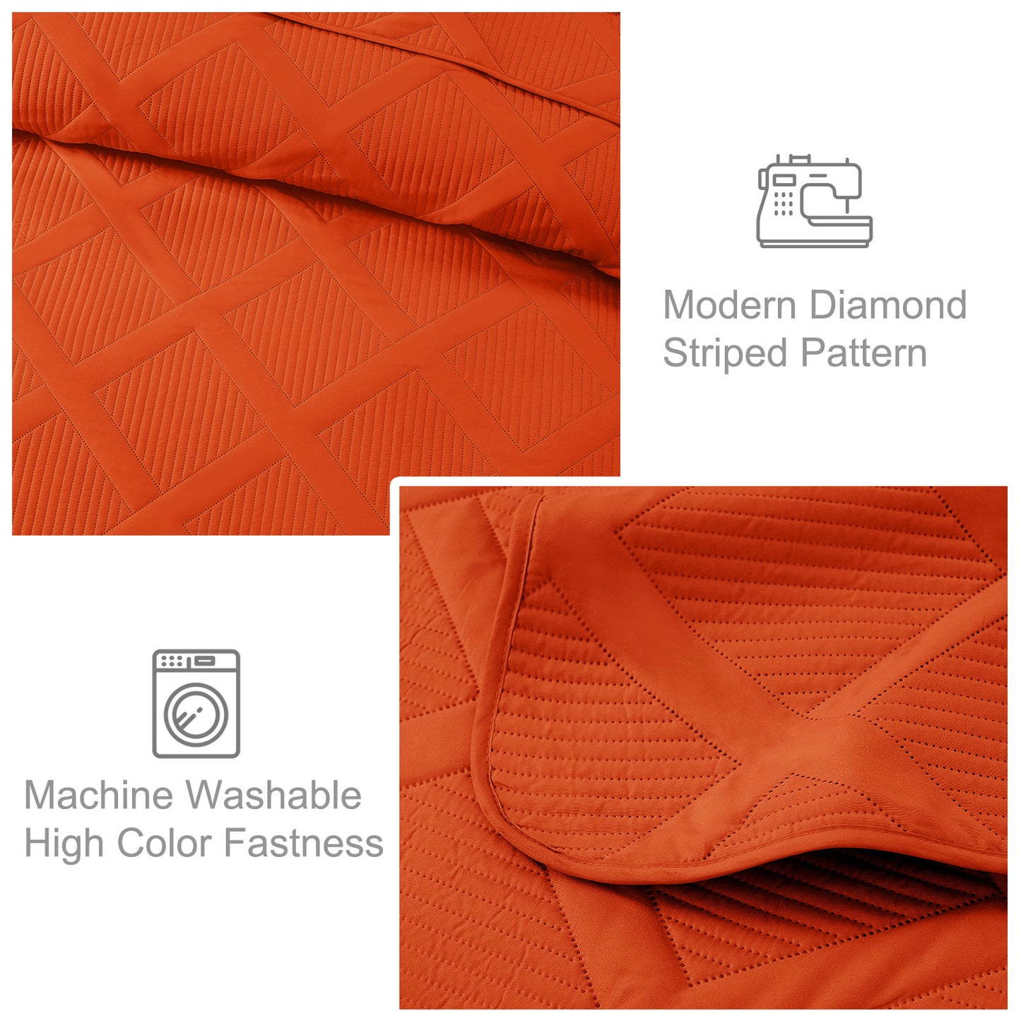 Exclusivo Mezcla Ultrasonic Full Queen Quilt Set, Lightweight Bedspreads Modern Striped Coverlet with 2 Pillow Shams, Burnt Orange
