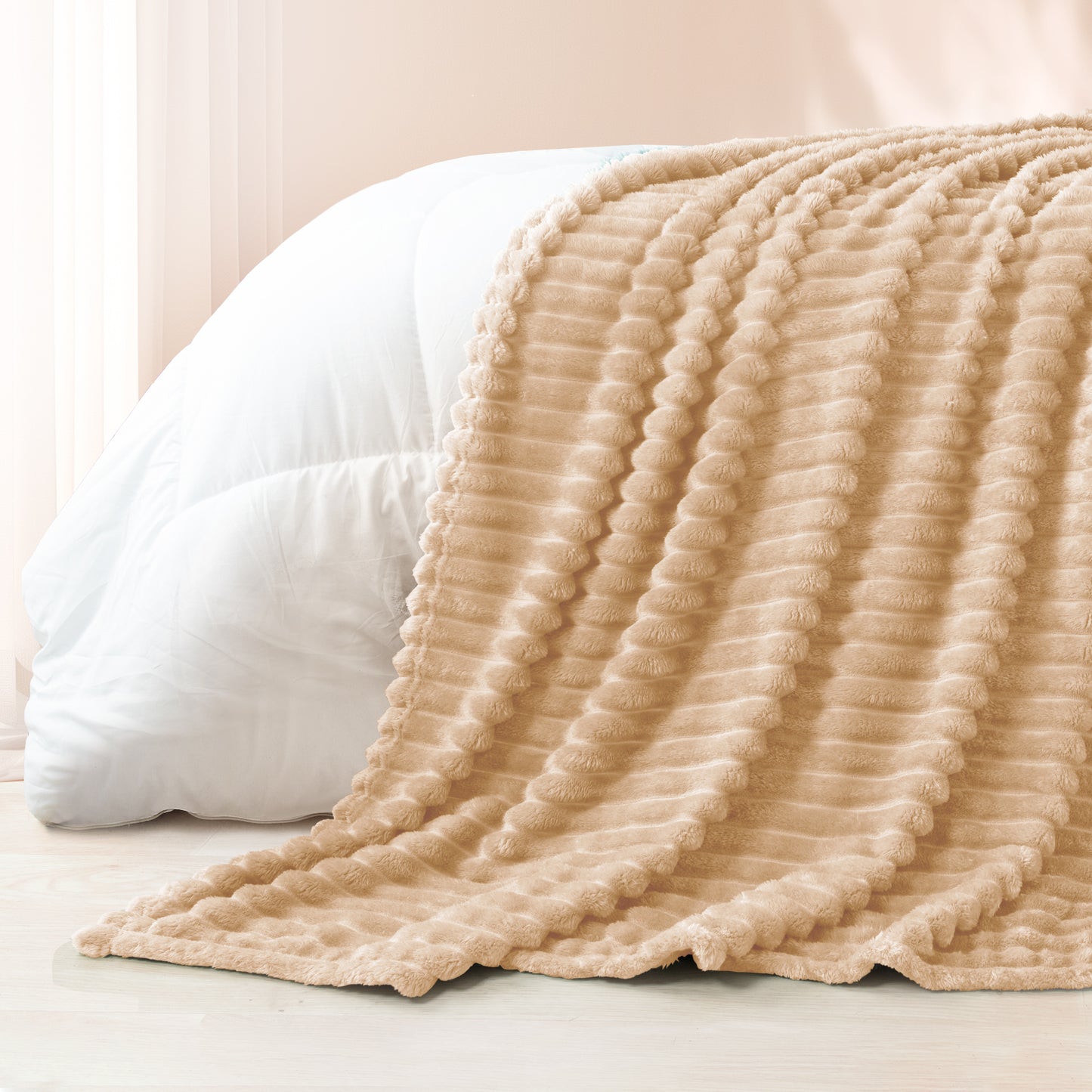 Exclusivo Mezcla Twin Size Flannel Fleece Blanket, Super Soft 3D Striped Jacquard Bed Blanket, Lightweight Fuzzy Cozy Blankets for All Seasons, 60x80 Inches, Beige Blanket