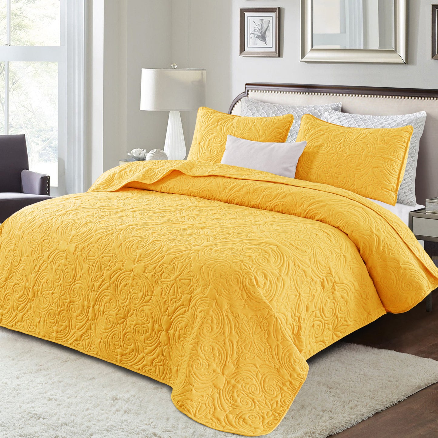 Exclusivo Mezcla King Quilt Bedding Set, Lightweight Vintage King Size Quilts with Pillow Shams, Soft Bedspreads Coverlets for All Seasons, (104"x96", Yellow)