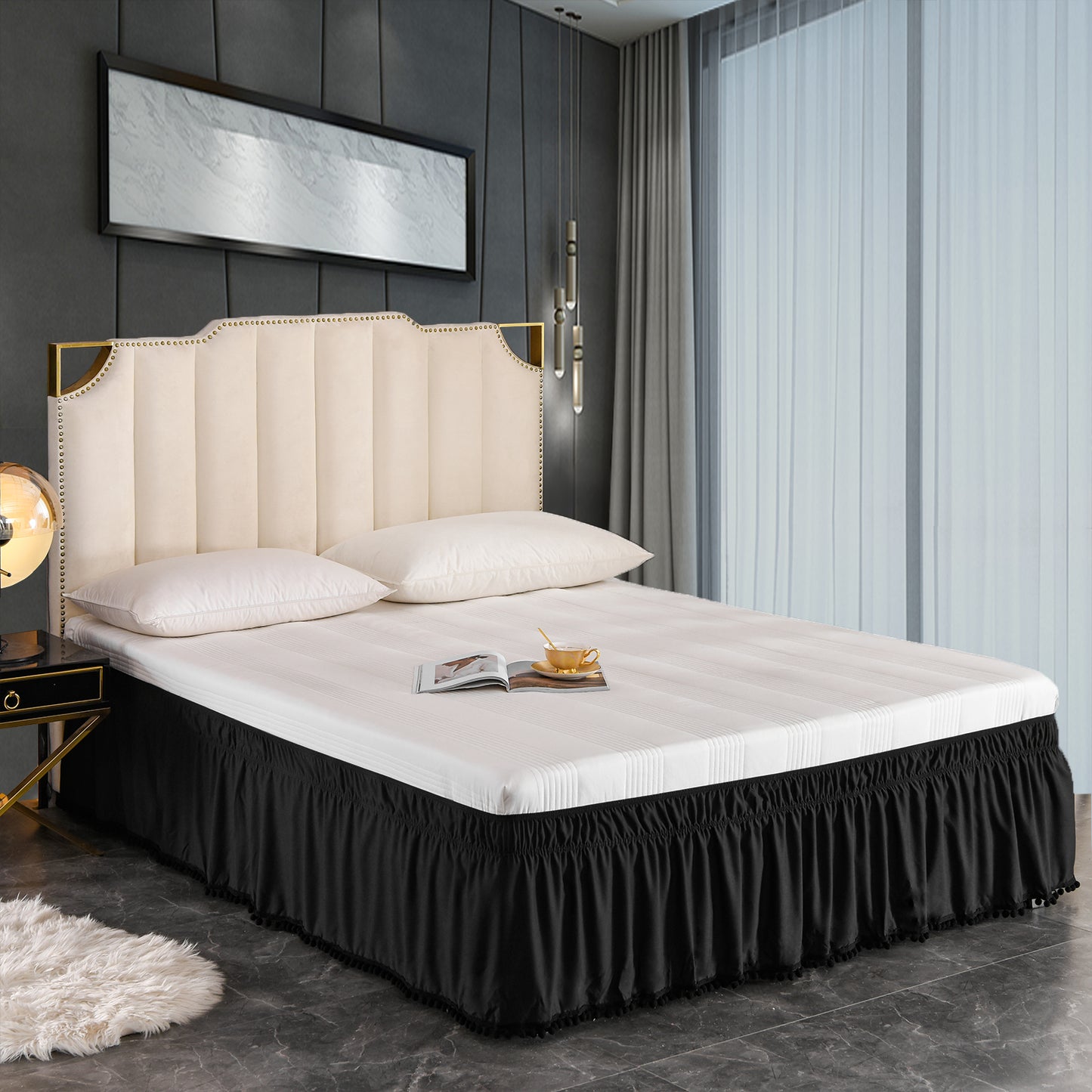 Exclusivo Mezcla Pom Pom Bed Skirt with Adjustable Elastic Belt, Easy Wrap Around Dust Ruffles with 16 Inch Tailored Drop, Wrinkle and Fade Resistant, (Queen, Black)