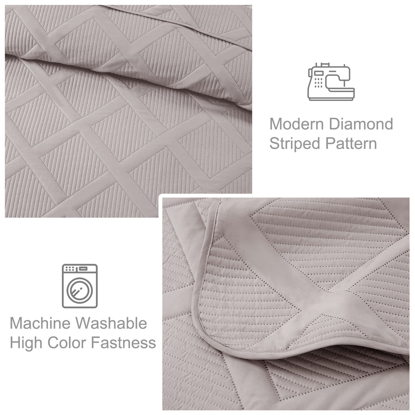 Exclusivo Mezcla Ultrasonic California King Quilt Set, Lightweight Bedspreads Modern Striped Coverlet with 2 Pillow Shams, Light Grey