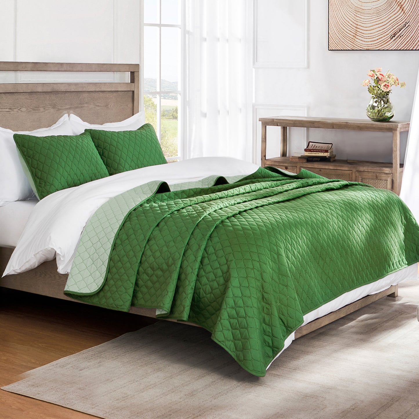 Exclusivo Mezcla Ultrasonic Reversible 2 Piece Twin Size Quilt Set with Pillow Sham, Lightweight Bed Cover Soft Bedspreads Coverlet set - (Green, 68"x88")
