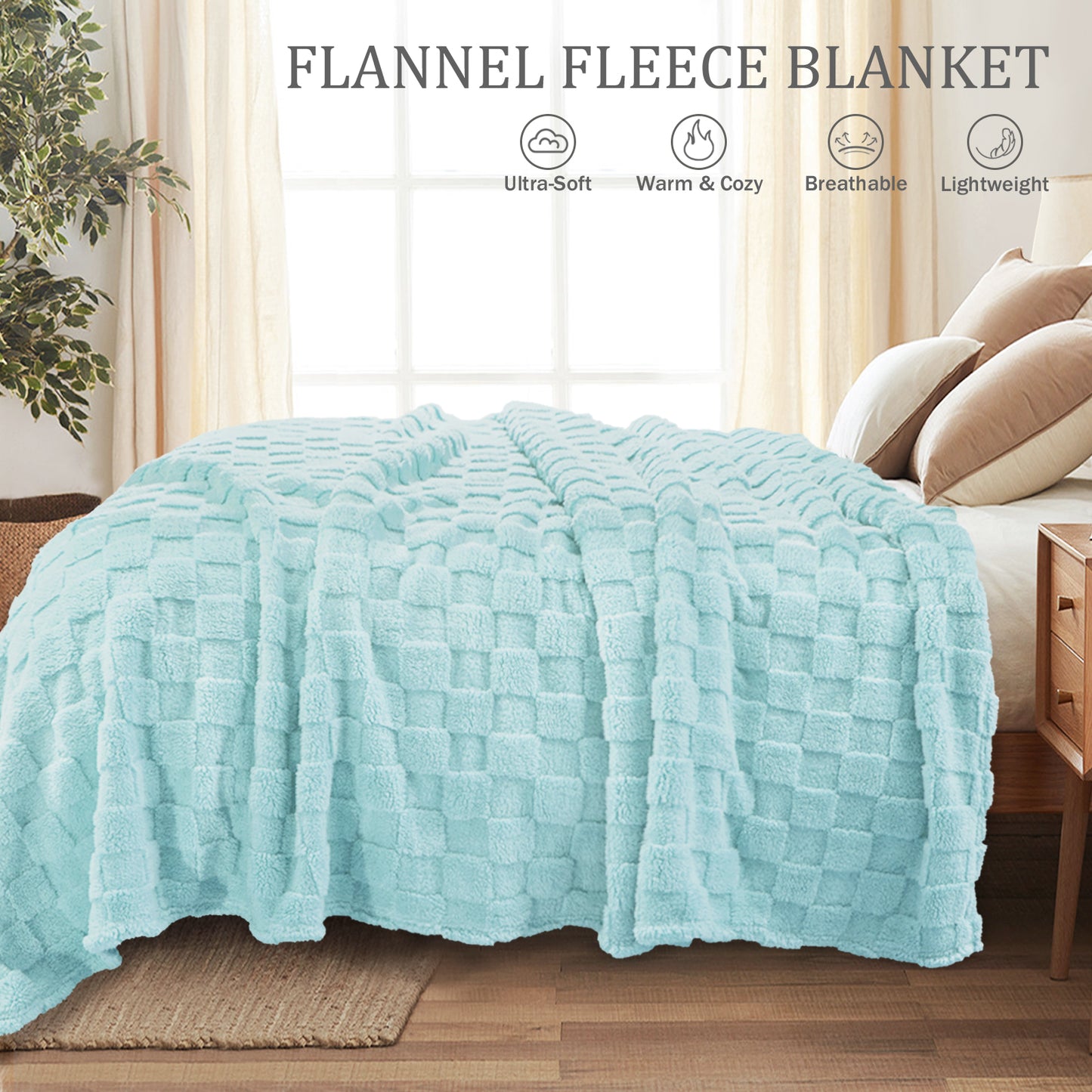Exclusivo Mezcla King Size Flannel Fleece Blanket, Super Soft 3D Checkered Jacquard Bed Blanket, Cozy Fluffy Lightweight Blanket for All Seasons, 90x104 Inches, Light Blue Blanket