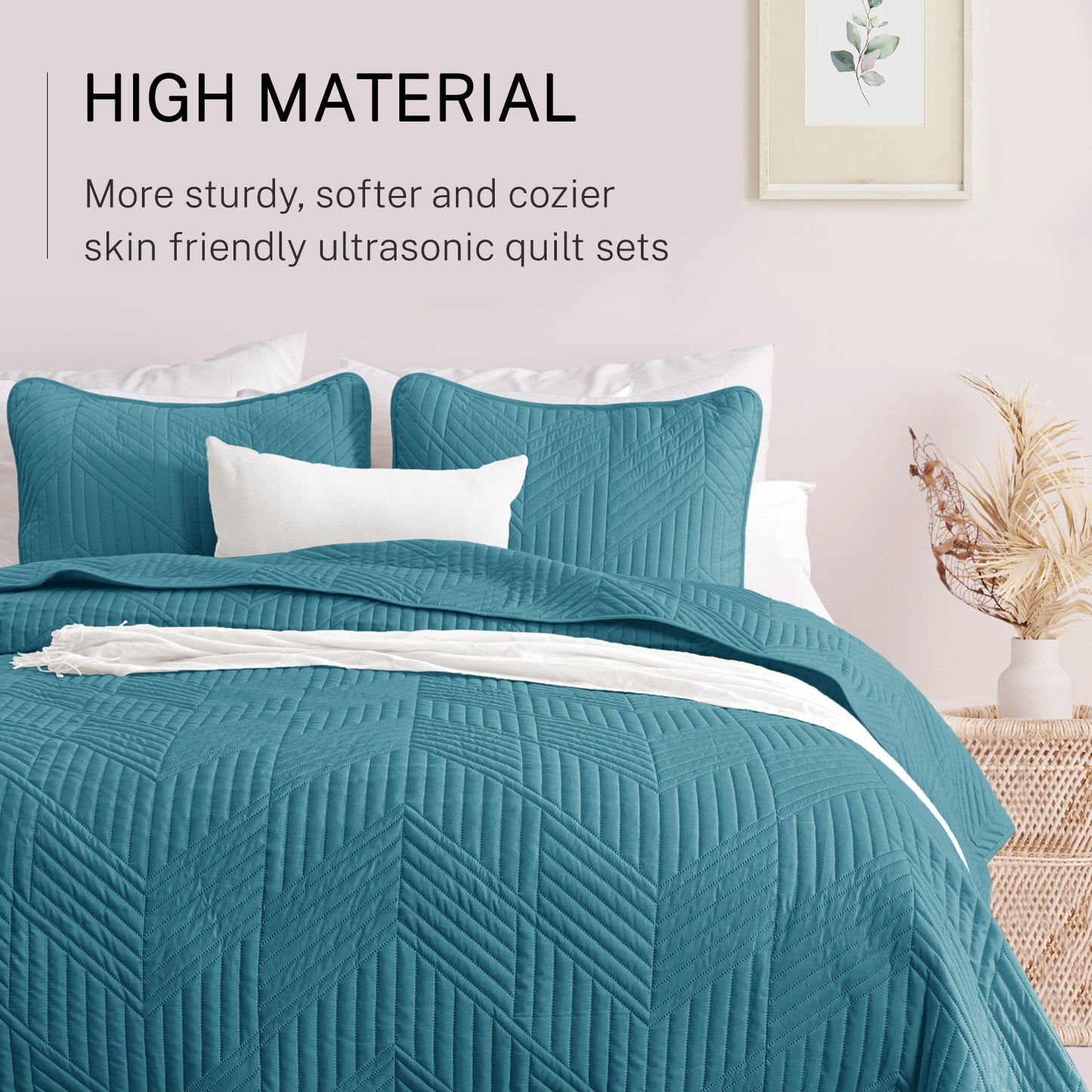 Exclusivo Mezcla Ultrasonic Twin Quilt Bedding Set, Lightweight Teal Bedspreads Soft Modern Geometric Coverlet Set for All Seasons (1 Quilt and 1 Pillow Sham)