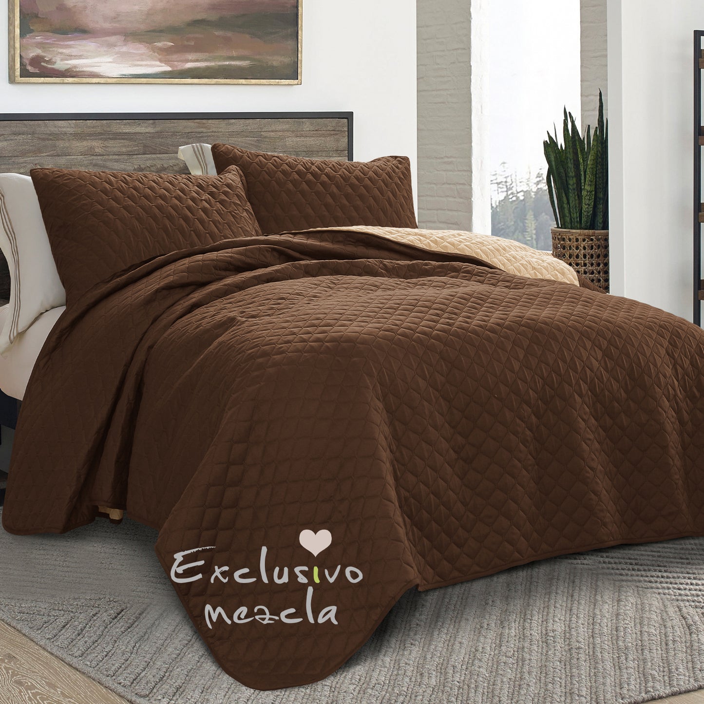 Exclusivo Mezcla Ultrasonic Reversible Full Queen Quilt Bedding Set with Pillow Shams, Lightweight Quilts Queen Size, Soft Bedspreads Bed Coverlets for All Seasons - (Chocolate Brown, 90"x96")