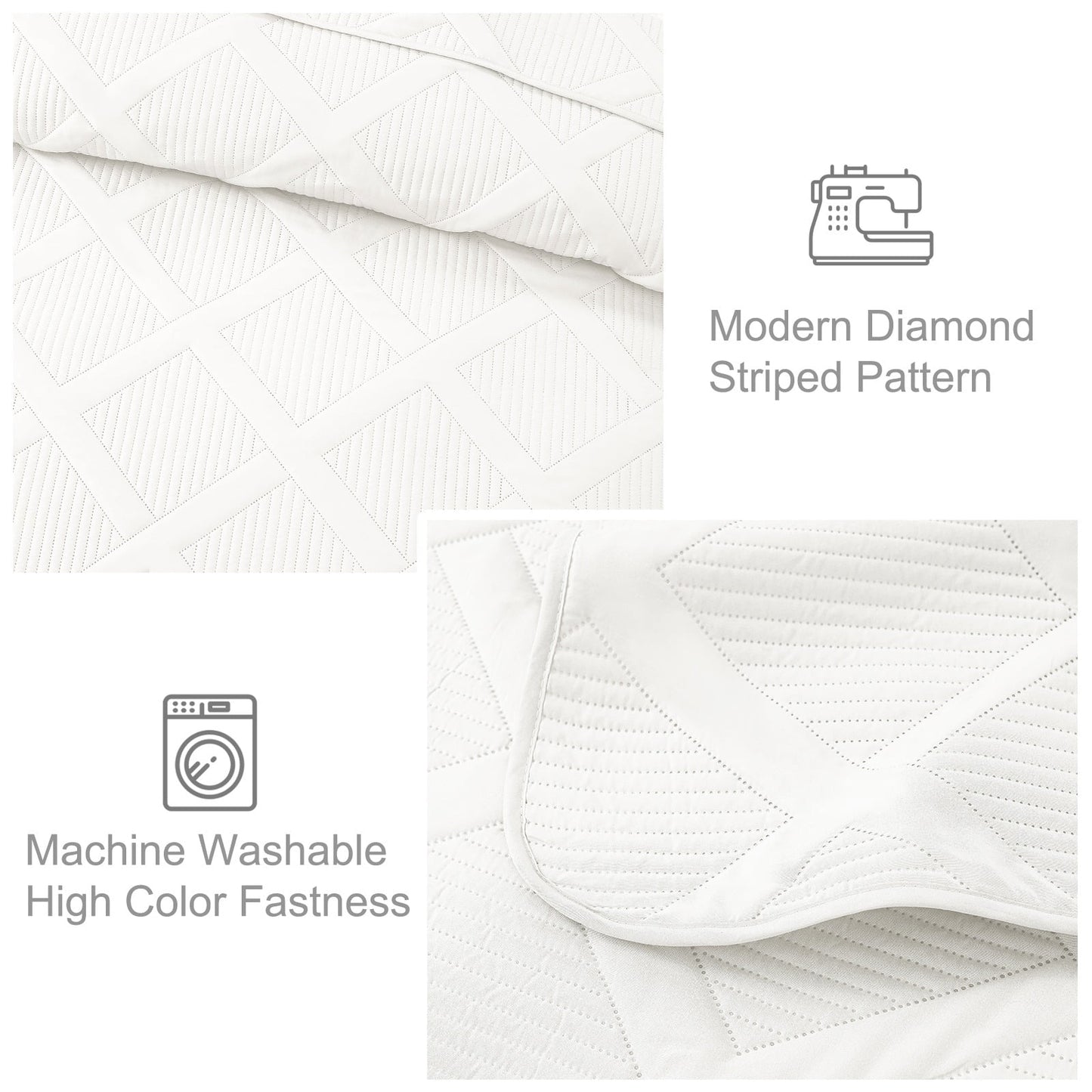 Exclusivo Mezcla 3-Piece Ultrasonic King Size Quilt Set, Lightweight Bedspreads Modern Striped Coverlet Set for All Seasons (106"x96", White)
