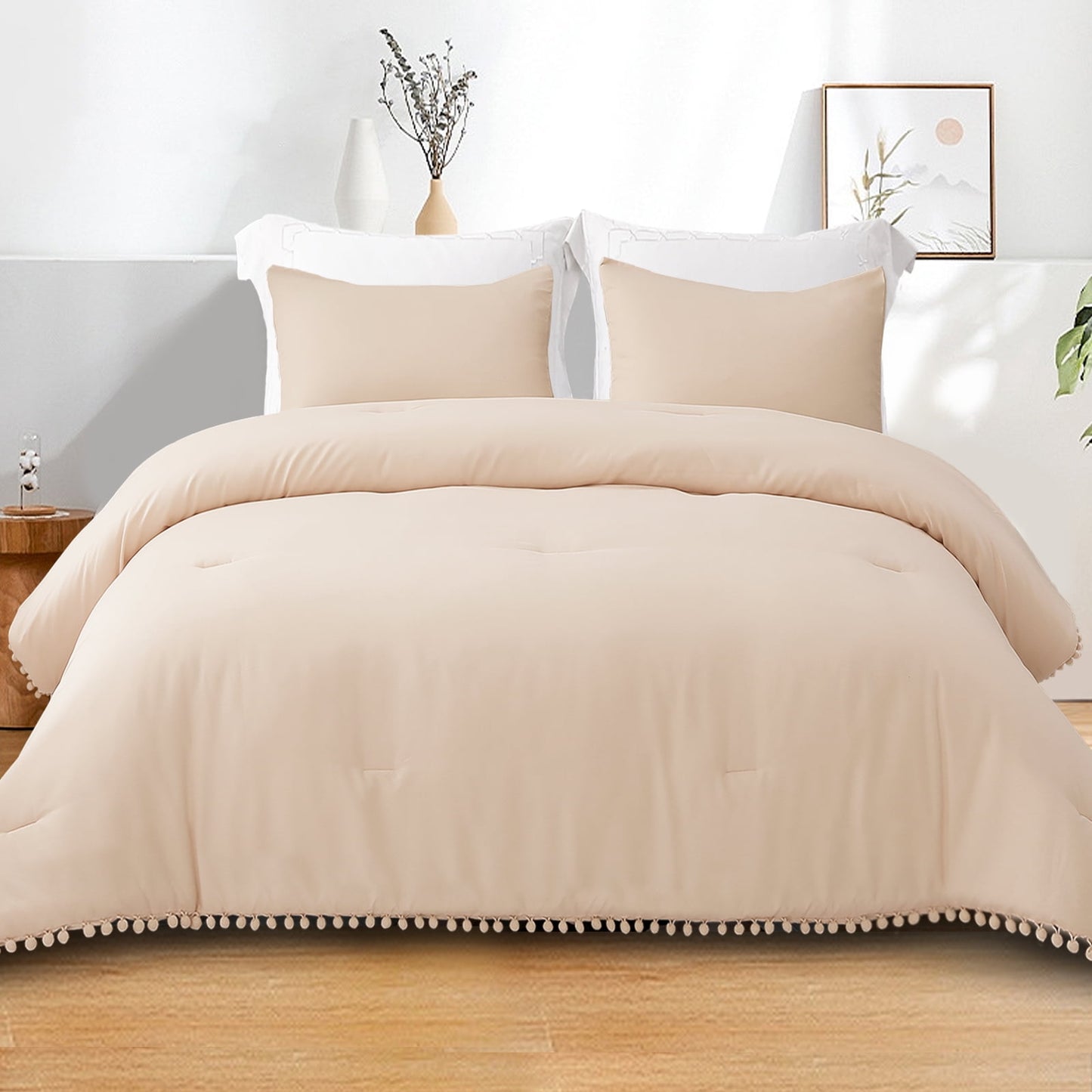 Exclusivo Mezcla Boho Pom Pom Ball Fringe King Size Comforter Set, 3 Piece Beige Lightweight Down Alternative Bedding Comforter Sets for All Seasons (1 Comforter and 2 Pillowcases)