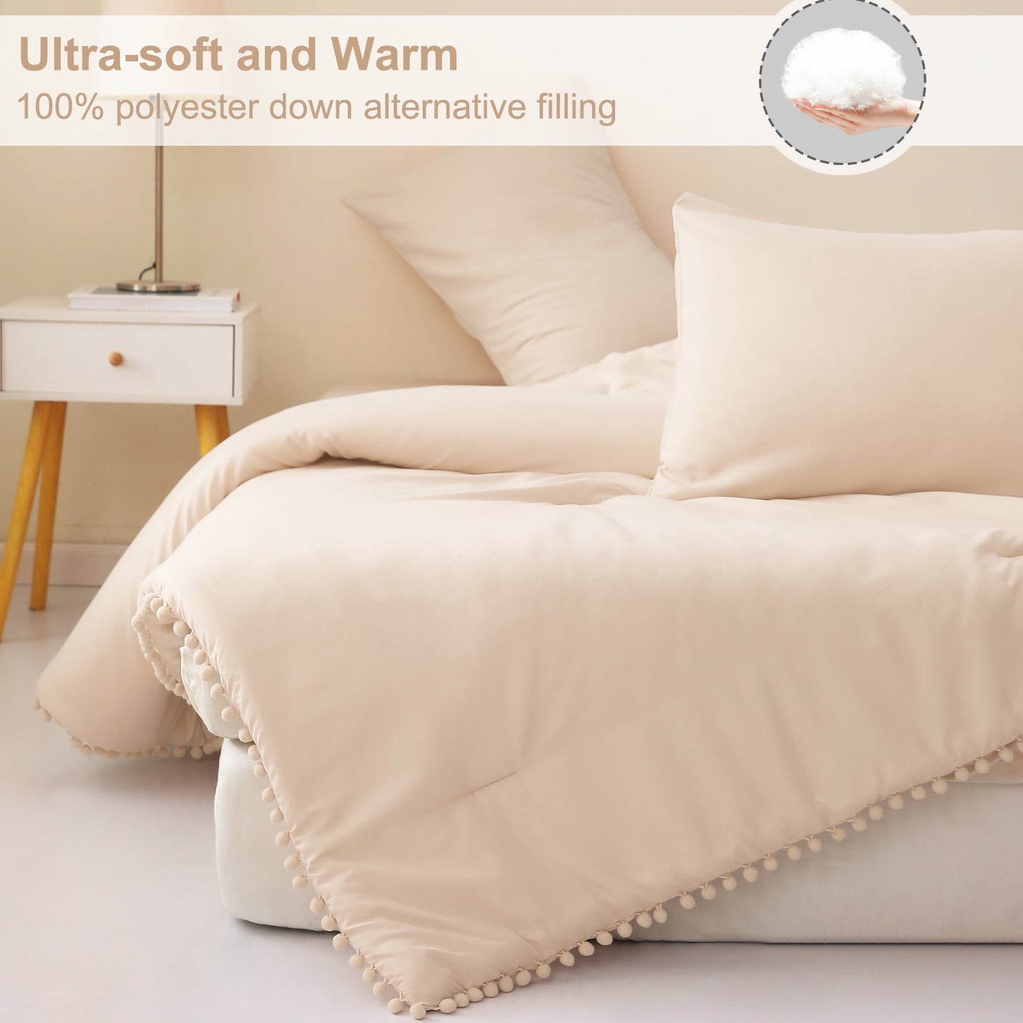Exclusivo Mezcla Boho Pom Pom Ball Fringe King Size Comforter Set, 3 Piece Beige Lightweight Down Alternative Bedding Comforter Sets for All Seasons (1 Comforter and 2 Pillowcases)