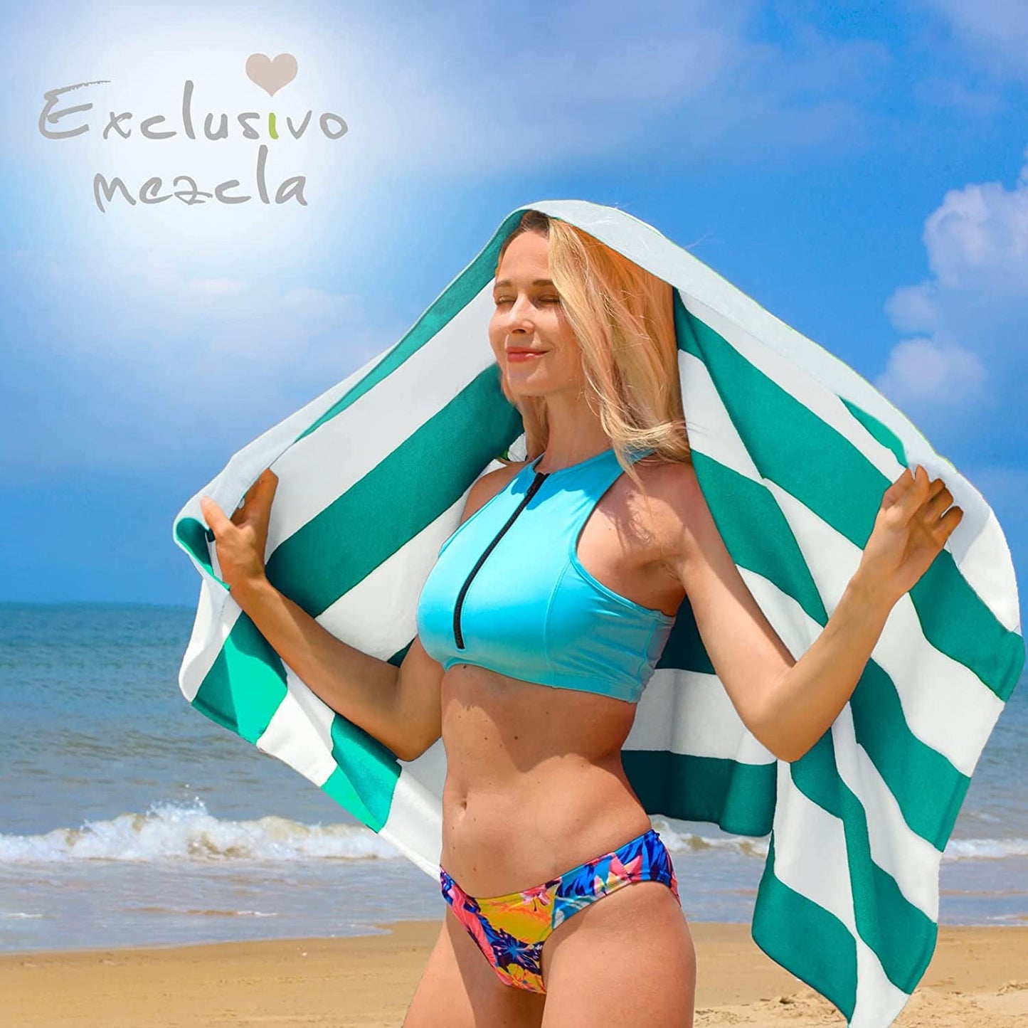 Exclusivo Mezcla 4-Pack Cotton Oversized 35"x70" Cabana Stripe Beach Towels, Super Absorbent Soft Plush Pool Towel, Bath Towel (Turquoise)