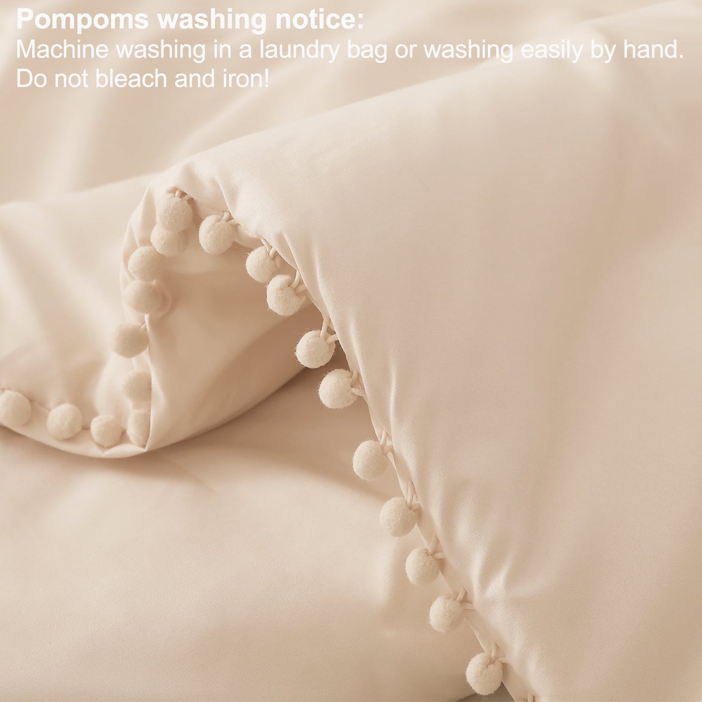 Exclusivo Mezcla Boho Pom Pom Ball Fringe King Size Comforter Set, 3 Piece Beige Lightweight Down Alternative Bedding Comforter Sets for All Seasons (1 Comforter and 2 Pillowcases)