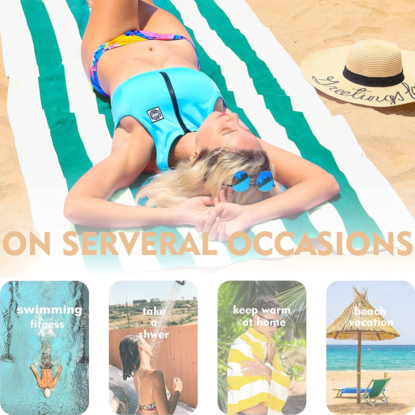 Exclusivo Mezcla 4-Pack Cotton Oversized 35"x70" Cabana Stripe Beach Towels, Super Absorbent Soft Plush Pool Towel, Bath Towel (Turquoise)