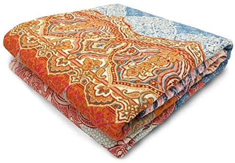 Exclusivo Mezcla Luxury Reversible 100% Cotton Chic Boho Stripe Quilted Throw Blanket 60" x 50" Machine Washable and Dryable