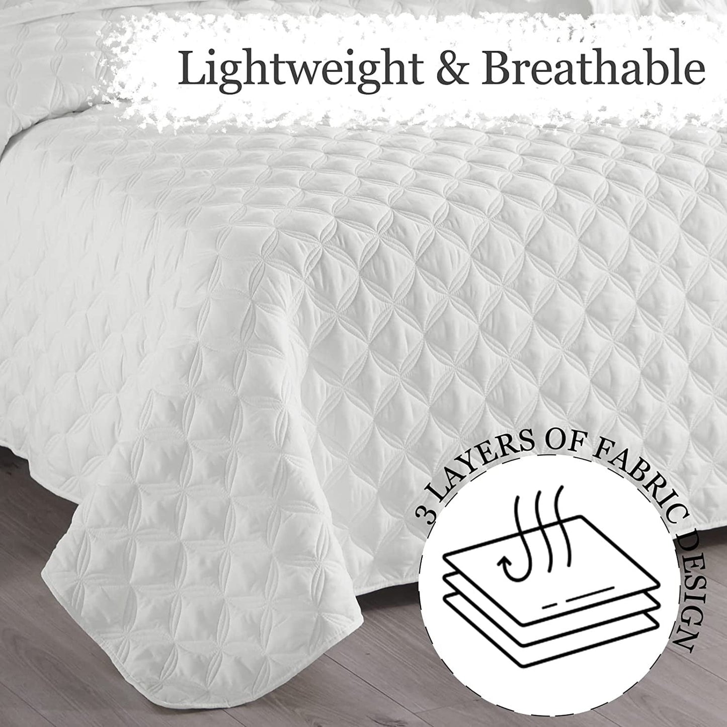 Exclusivo Mezcla Bed Quilt Set King Size for All Season, Stitched Pattern Quilted Bedspread/ Bedding Set/ Coverlet with 2 Pillow shams, Lightweight and Soft, White