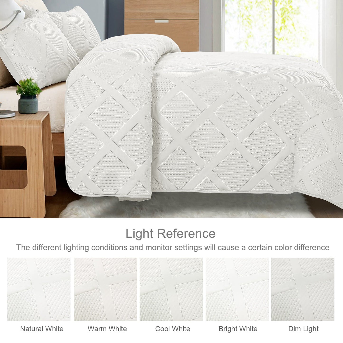 Exclusivo Mezcla 3-Piece Ultrasonic King Size Quilt Set, Lightweight Bedspreads Modern Striped Coverlet Set for All Seasons (106"x96", White)
