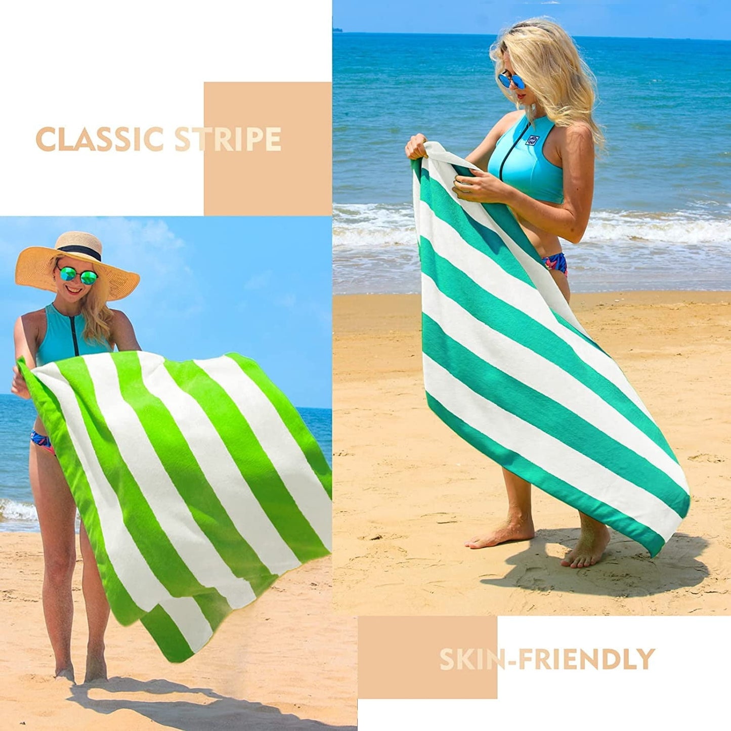 Exclusivo Mezcla 4-Pack Cotton Oversized 35"x70" Cabana Stripe Beach Towels, Super Absorbent Soft Plush Pool Towel, Bath Towel (Turquoise)