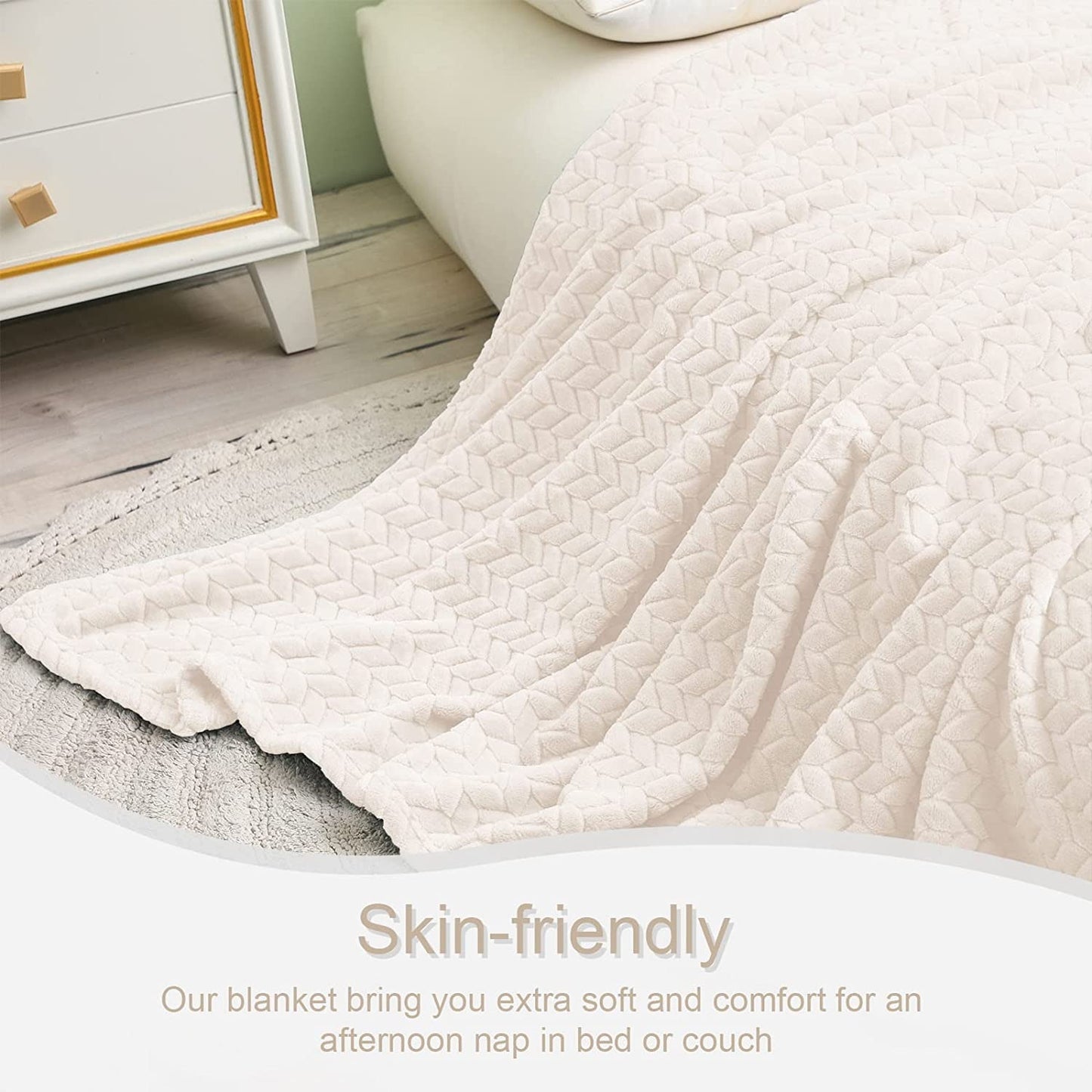 Exclusivo Mezcla Extra Large Flannel Fleece Throw Blanket, 50x70 Inches Leaves Pattern Soft Throw Blanket for Couch, Cozy, Warm, and Lightweight Blanket for Winter, Off White Blanket