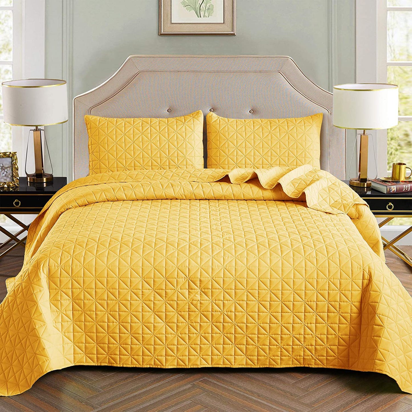 Exclusivo Mezcla 3-Piece King/Queen/Full/Twin Size Quilt Set with Pillow Shams, Grid Quilted Bedspread/Coverlet/Bed Cover -Soft, Lightweight and Reversible