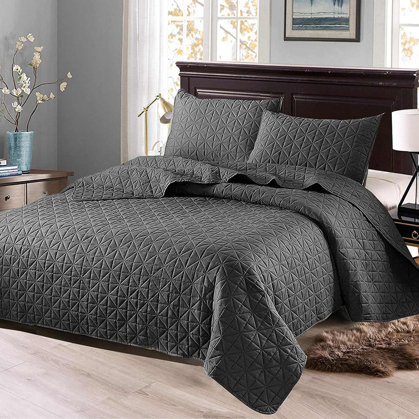 Exclusivo Mezcla 3-Piece King/Queen/Full/Twin Size Quilt Set with Pillow Shams, Grid Quilted Bedspread/Coverlet/Bed Cover -Soft, Lightweight and Reversible