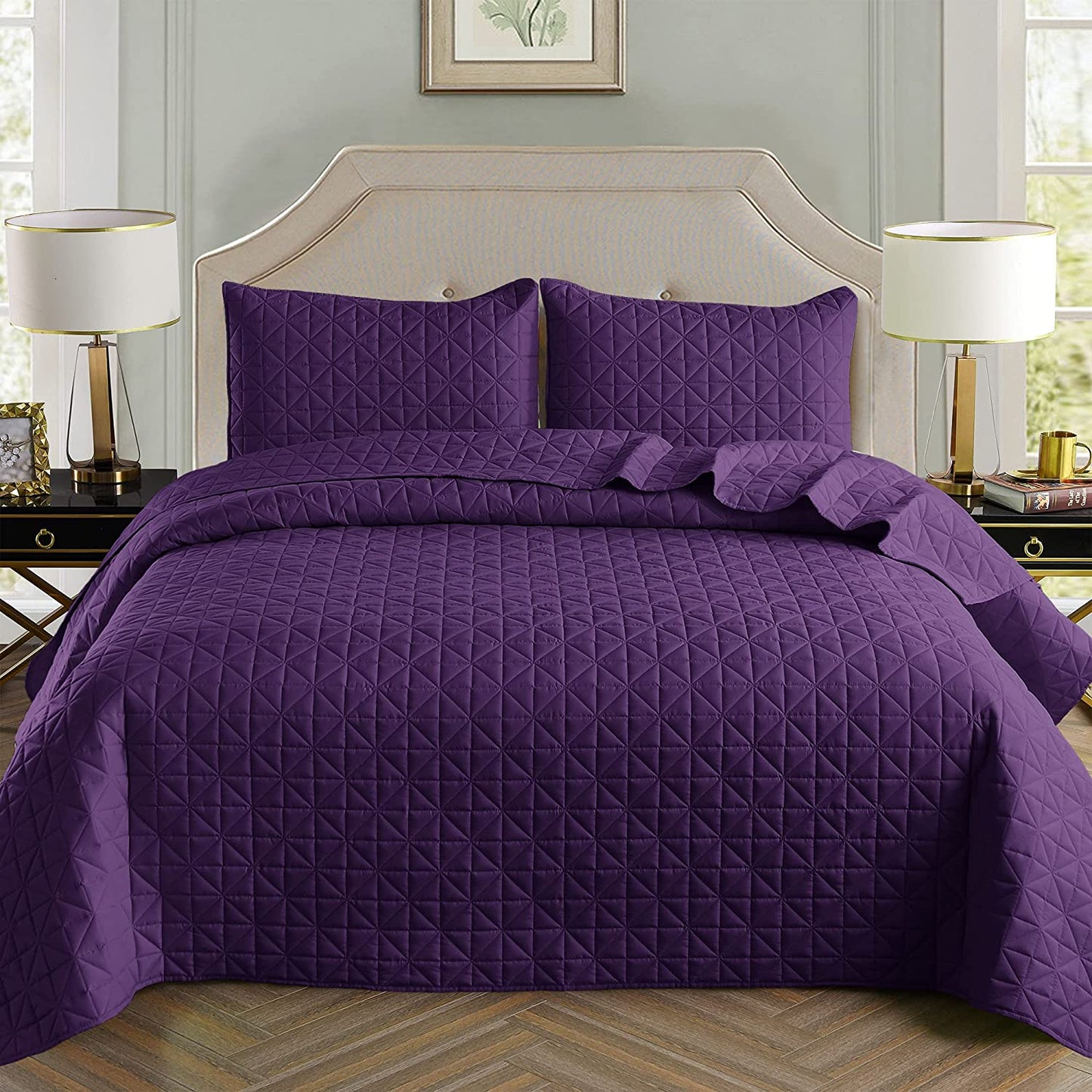 Exclusivo Mezcla 3-Piece King/Queen/Full/Twin Size Quilt Set with Pillow Shams, Grid Quilted Bedspread/Coverlet/Bed Cover -Soft, Lightweight and Reversible