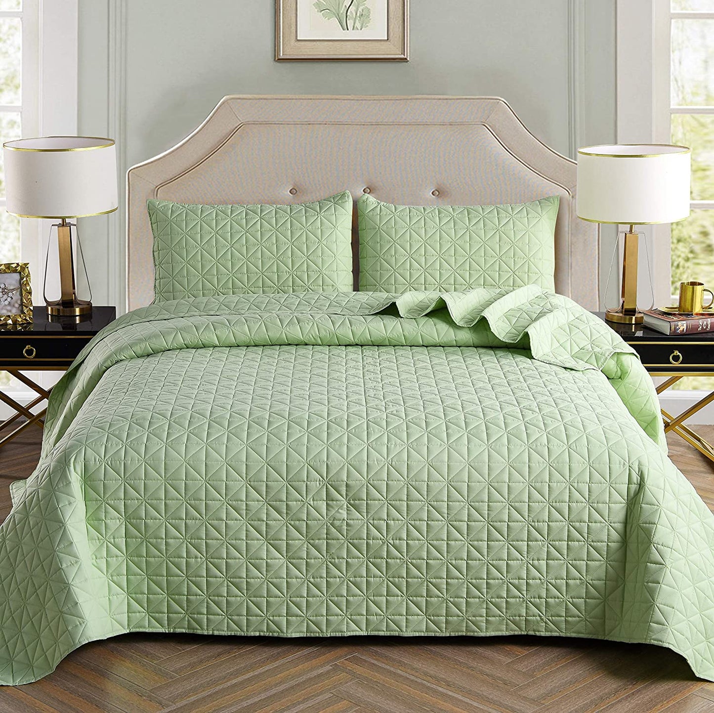 Exclusivo Mezcla 3-Piece King/Queen/Full/Twin Size Quilt Set with Pillow Shams, Grid Quilted Bedspread/Coverlet/Bed Cover -Soft, Lightweight and Reversible
