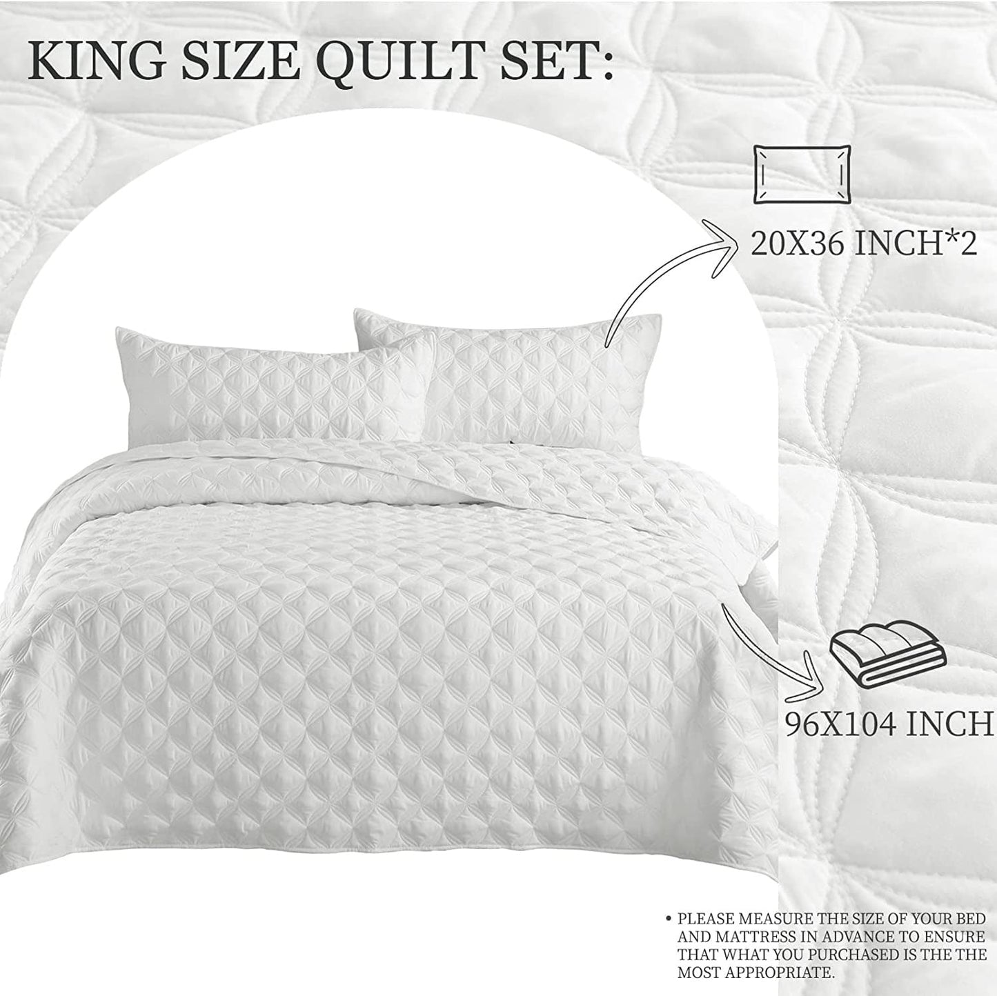 Exclusivo Mezcla Bed Quilt Set King Size for All Season, Stitched Pattern Quilted Bedspread/ Bedding Set/ Coverlet with 2 Pillow shams, Lightweight and Soft, White