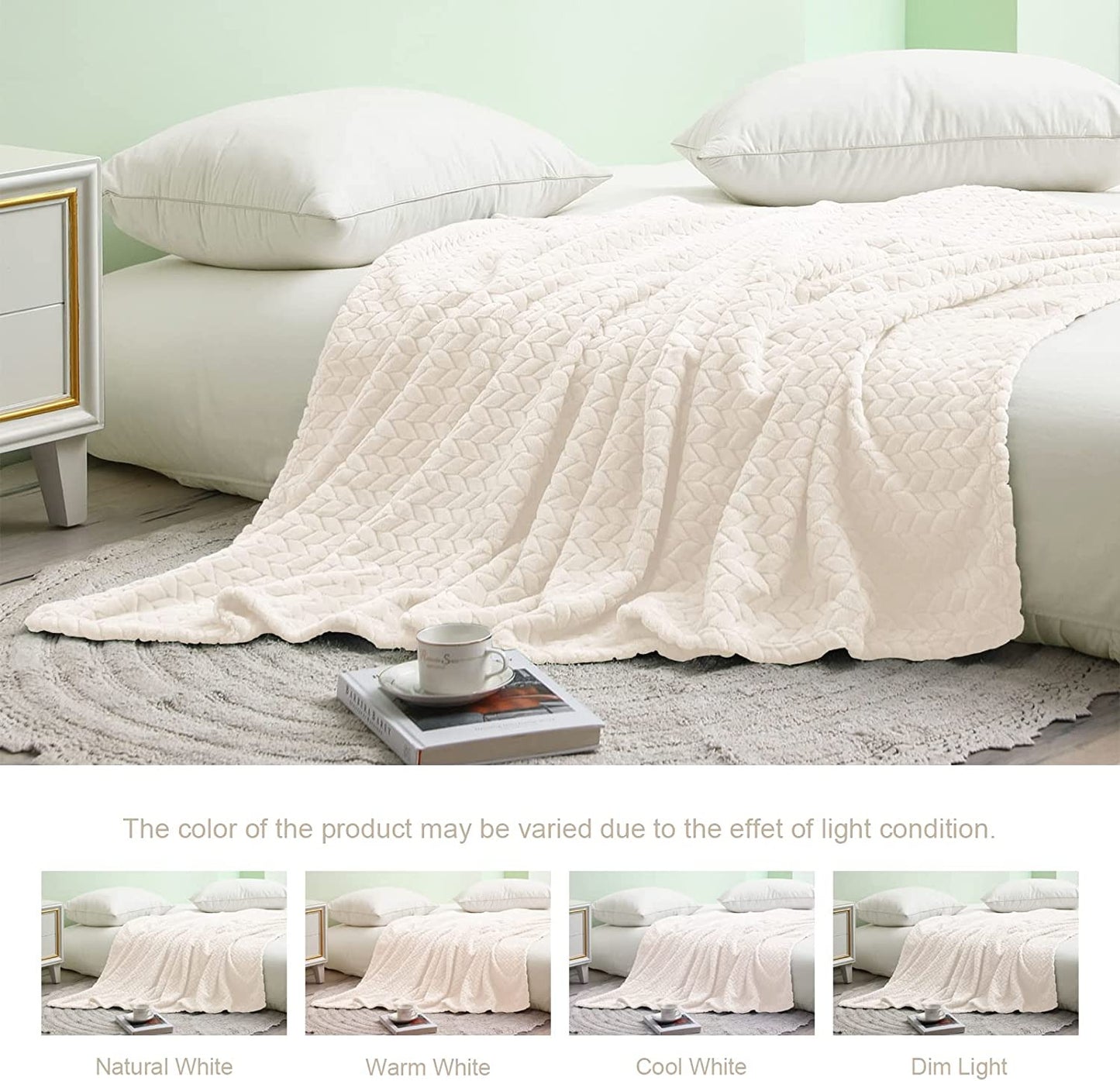 Exclusivo Mezcla Extra Large Flannel Fleece Throw Blanket, 50x70 Inches Leaves Pattern Soft Throw Blanket for Couch, Cozy, Warm, and Lightweight Blanket for Winter, Off White Blanket