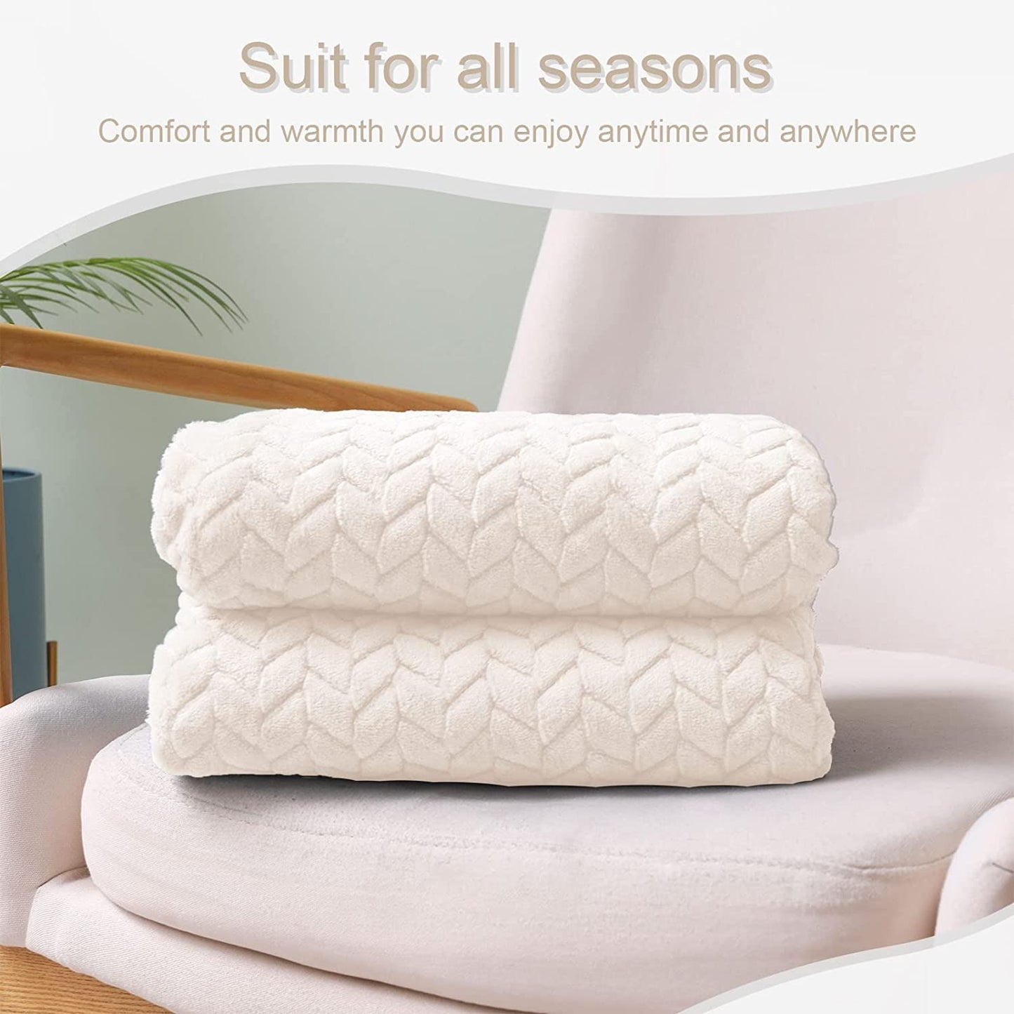 Exclusivo Mezcla Extra Large Flannel Fleece Throw Blanket, 50x70 Inches Leaves Pattern Soft Throw Blanket for Couch, Cozy, Warm, and Lightweight Blanket for Winter, Off White Blanket